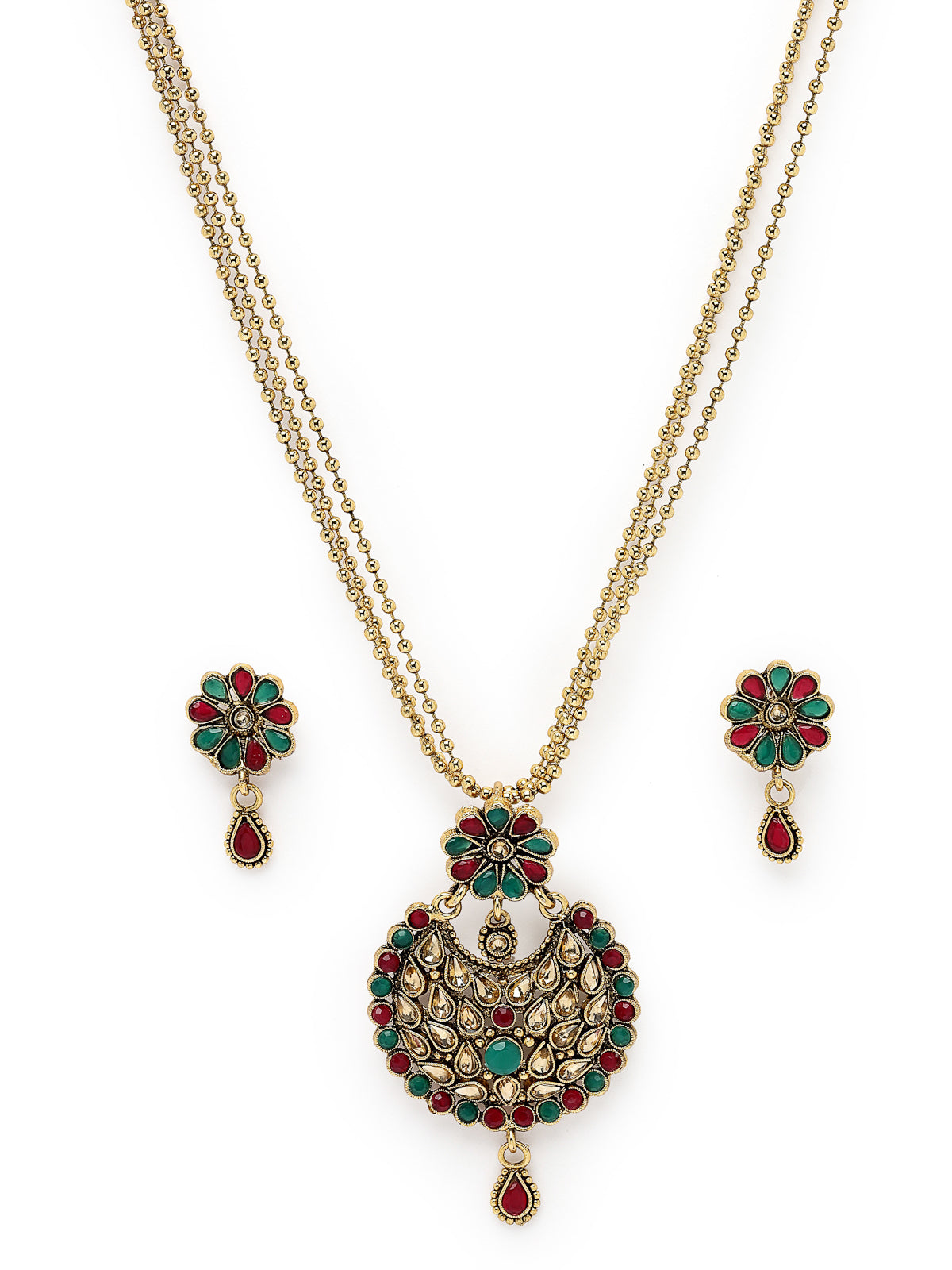Sukkhi Eye-Catching Green Red Stone Multistring Long Necklace Set And Earring | Jewellery Set For Women (NS105680)