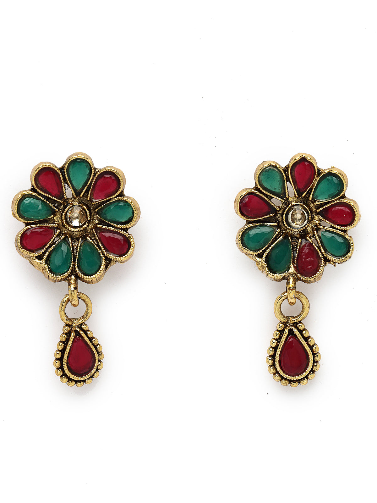 Sukkhi Eye-Catching Green Red Stone Multistring Long Necklace Set And Earring | Jewellery Set For Women (NS105680)