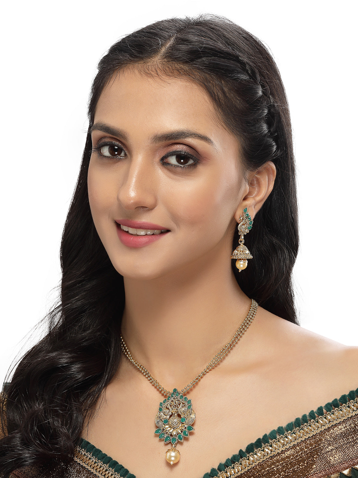 Sukkhi Eye-Catching Green Stone Multistring Long Necklace Set And Earring | Jewellery Set For Women (NS105681)