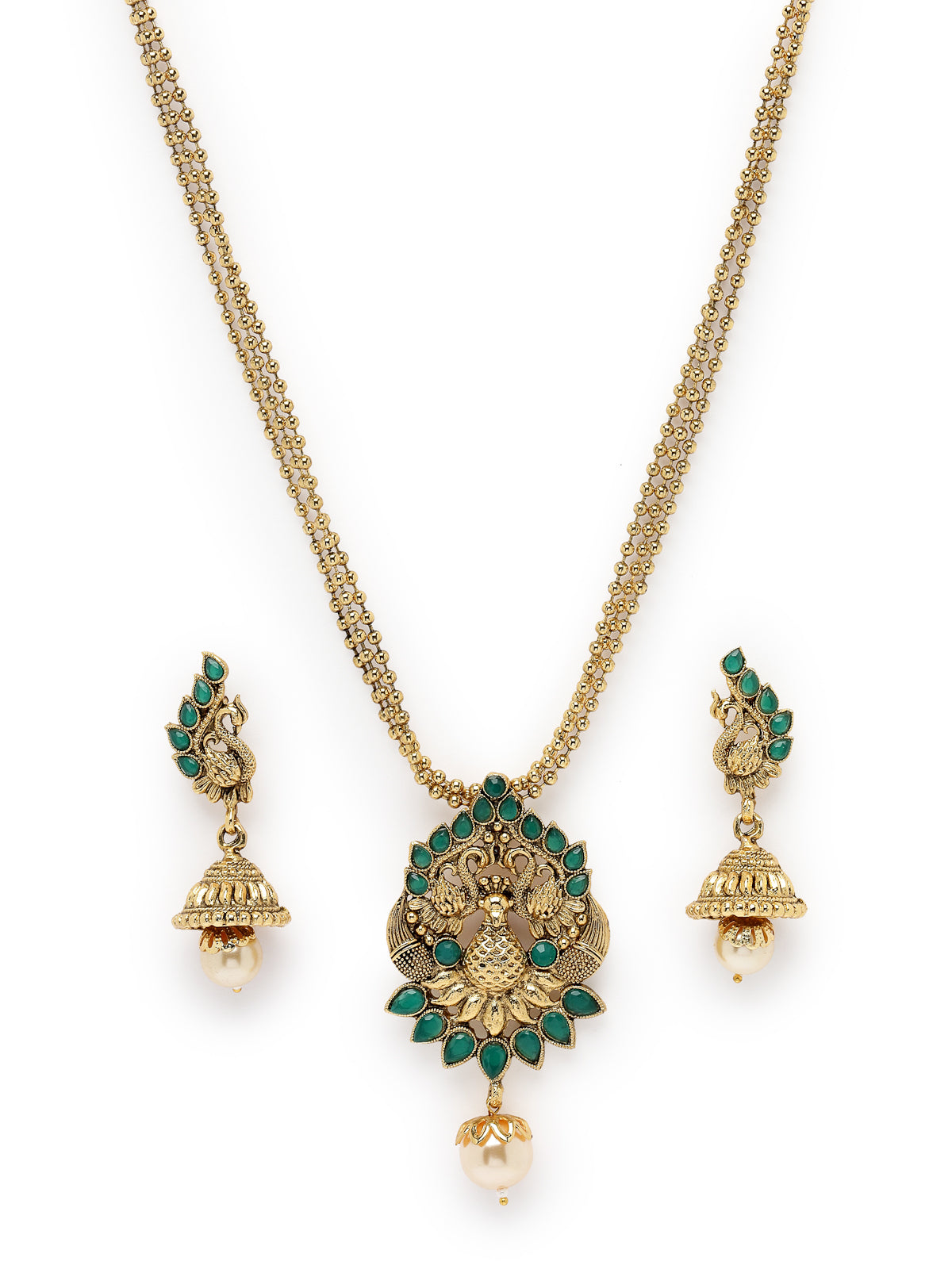 Sukkhi Eye-Catching Green Stone Multistring Long Necklace Set And Earring | Jewellery Set For Women (NS105681)