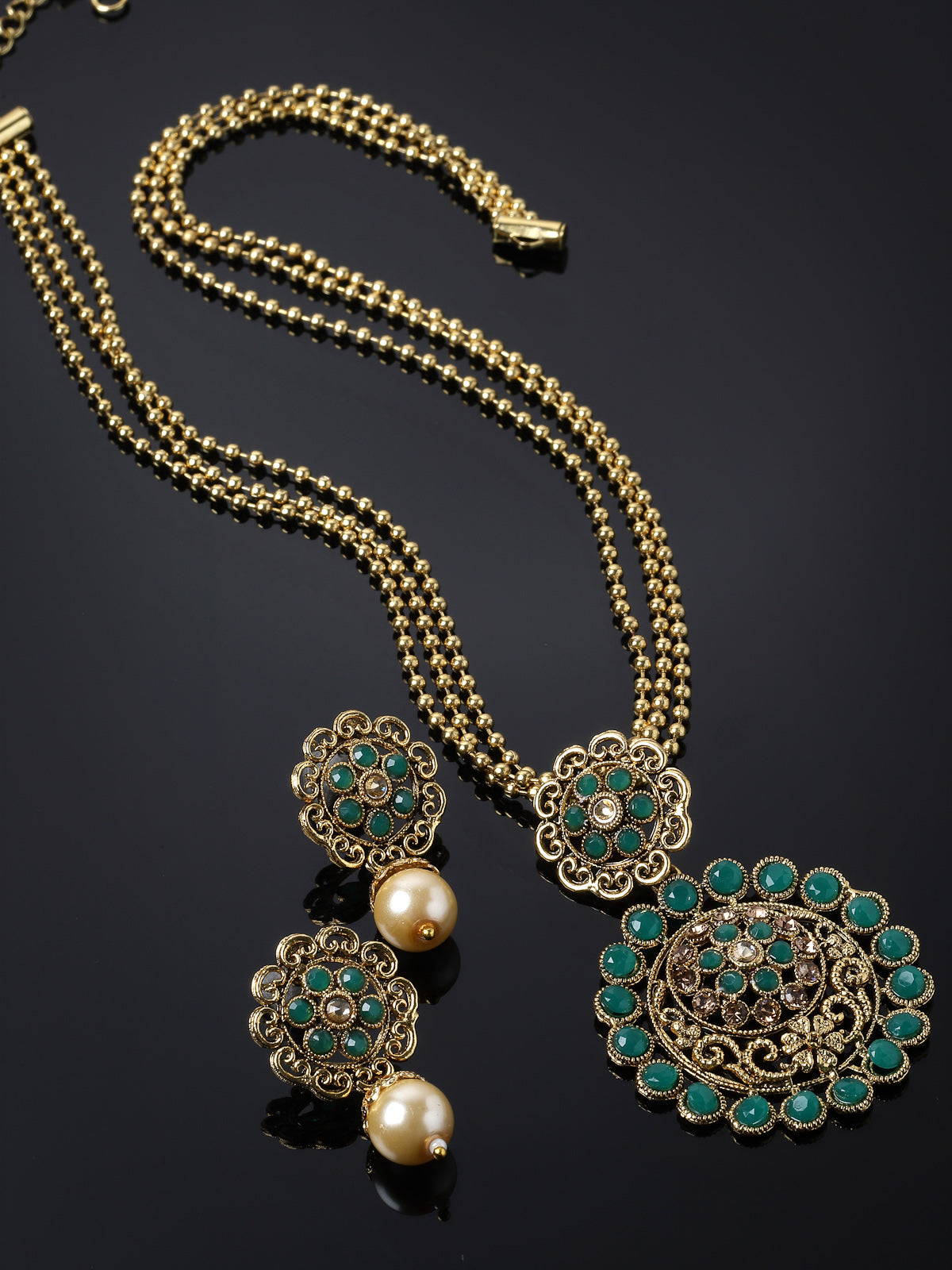 Sukkhi Eye-Catching Green Gold Stone Multistring Long Necklace Set And Earring | Jewellery Set For Women (NS105682)