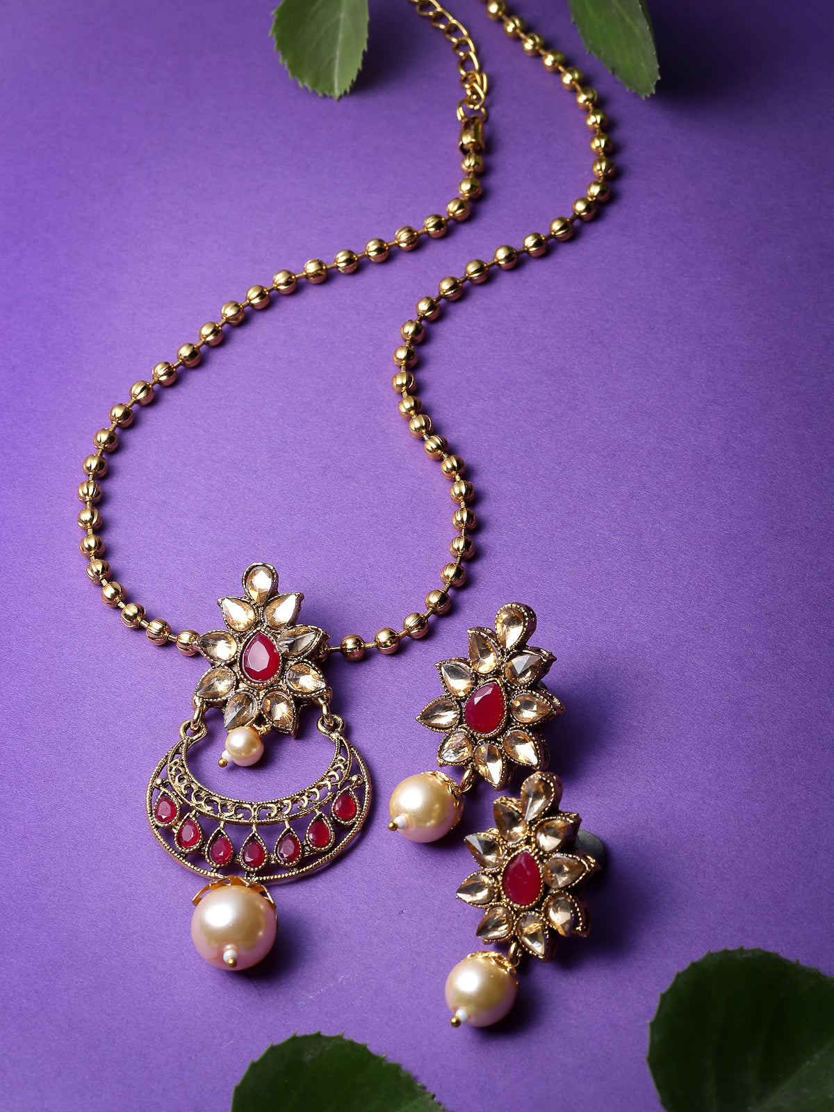 Sukkhi Eye-Catching Red Stone Multistring Long Necklace Set And Earring | Jewellery Set For Women (NS105684)