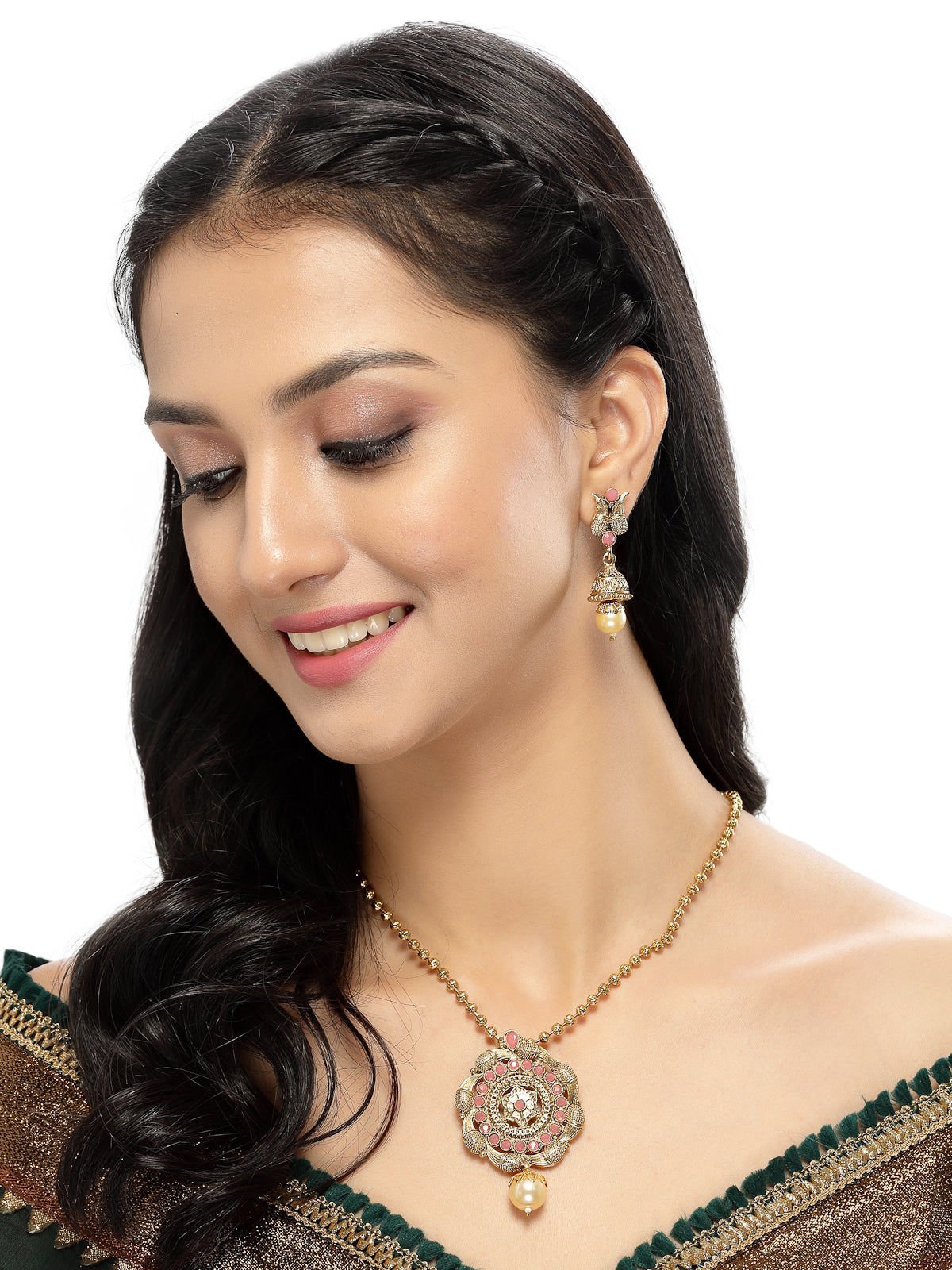 Sukkhi Eye-Catching Pink Gold Stone Multistring Long Necklace Set And Earring | Jewellery Set For Women (NS105686)