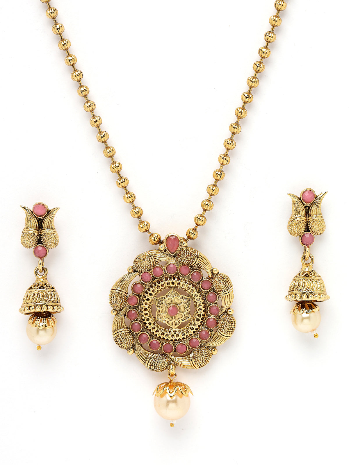 Sukkhi Eye-Catching Pink Gold Stone Multistring Long Necklace Set And Earring | Jewellery Set For Women (NS105686)