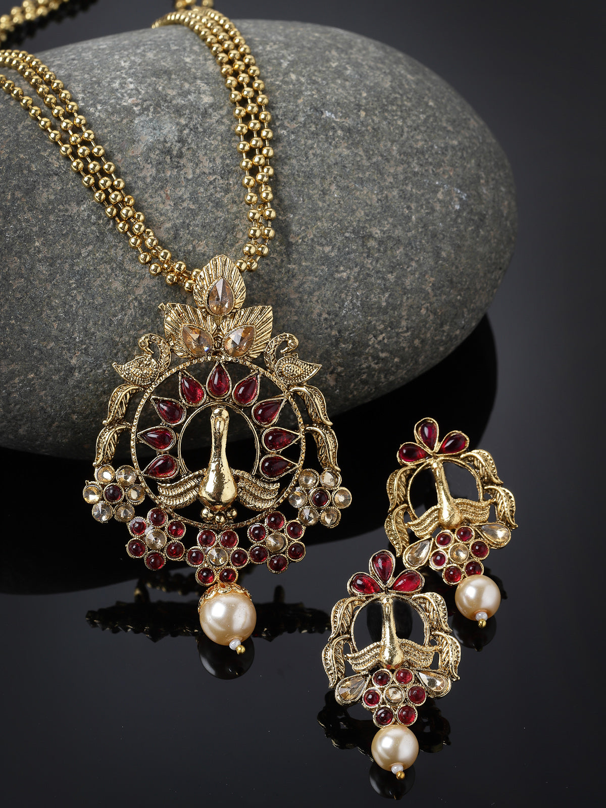 Sukkhi Indian Style Red Stones Multistring Long Necklace Set And Earring | Jewellery Set For Women (NS105687)