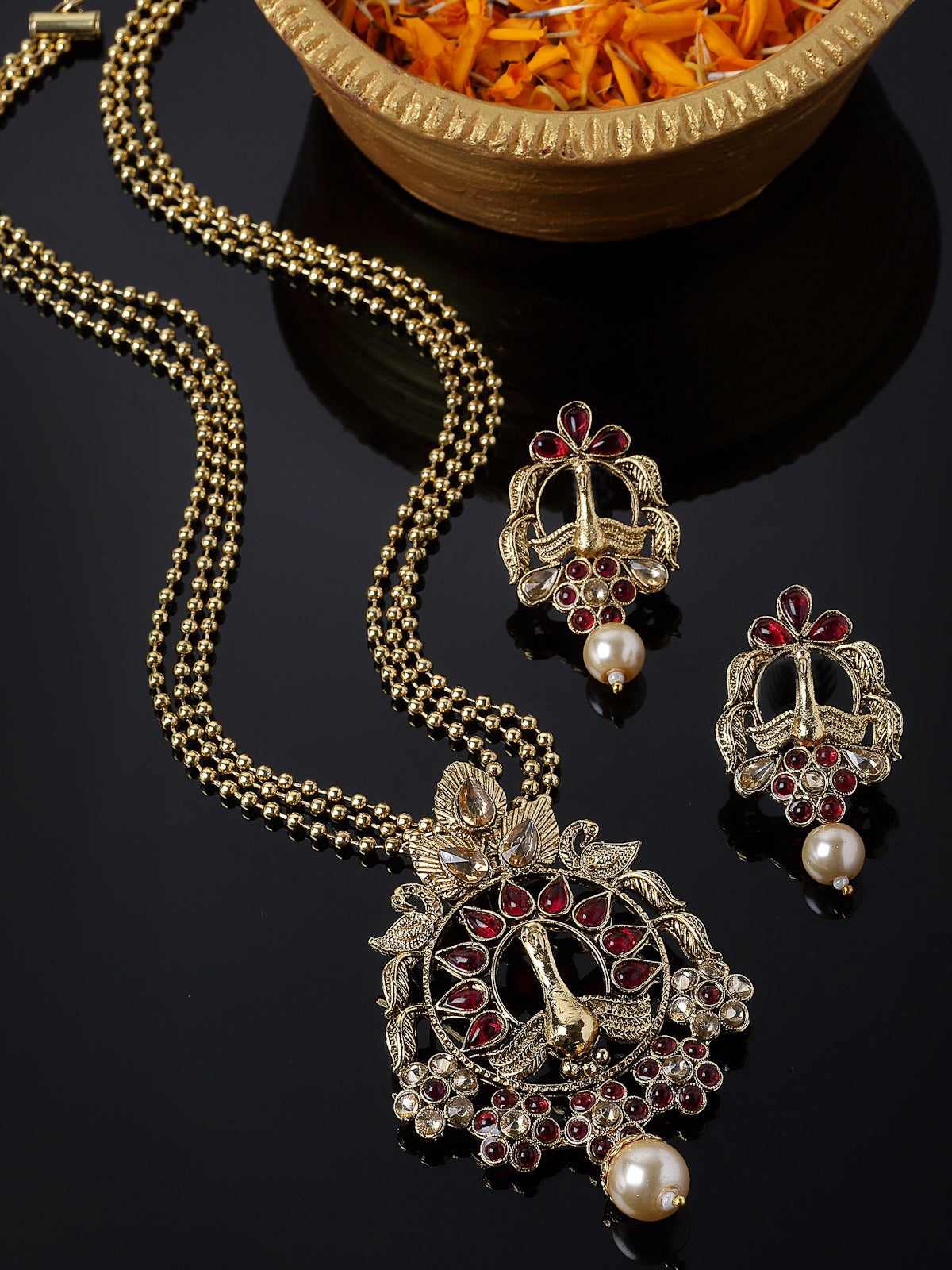 Sukkhi Indian Style Red Stones Multistring Long Necklace Set And Earring | Jewellery Set For Women (NS105687)