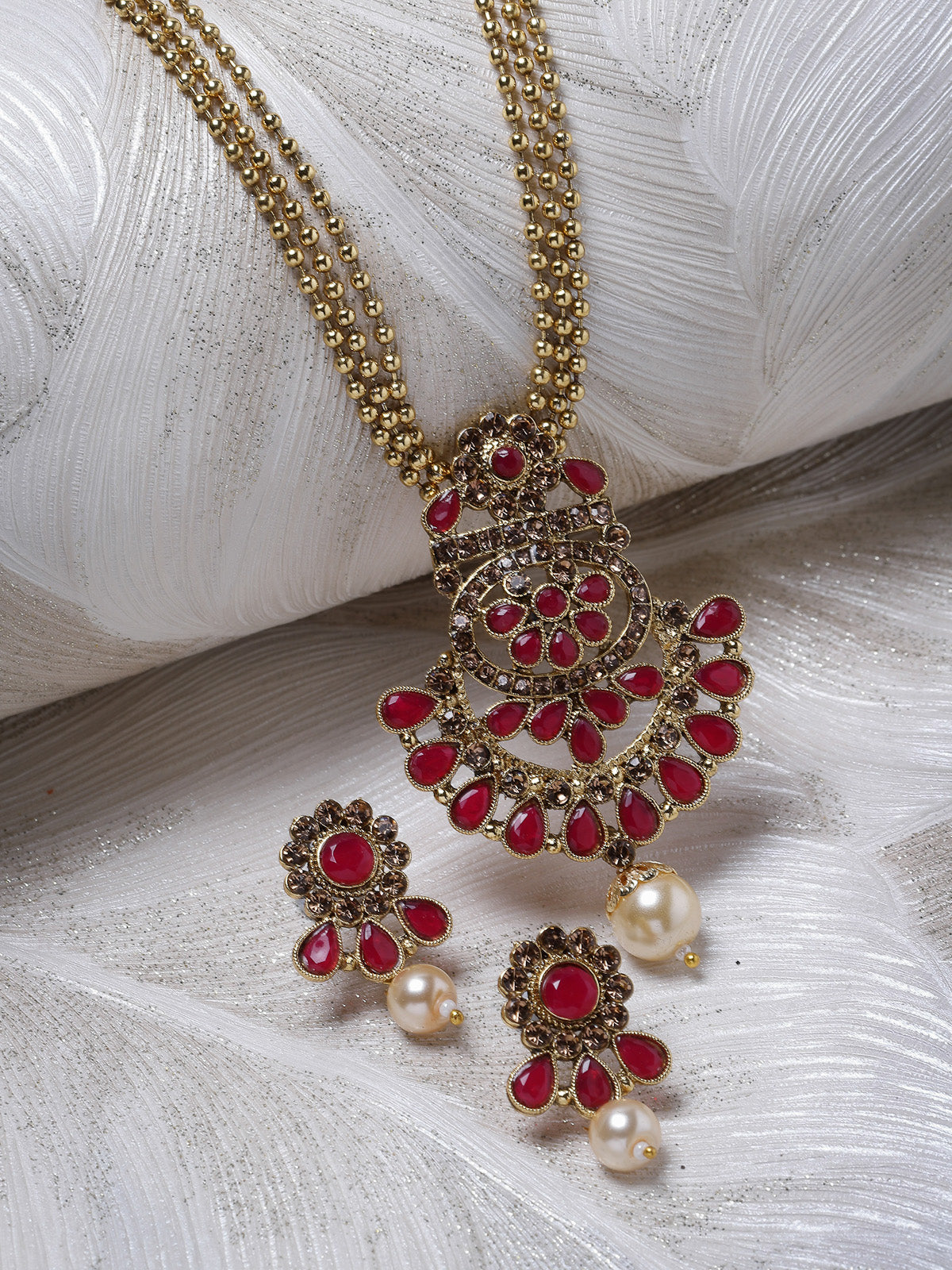 Sukkhi Eye-Catching Maroon Stone Multistring Long Necklace Set And Earring | Jewellery Set For Women (NS105688)