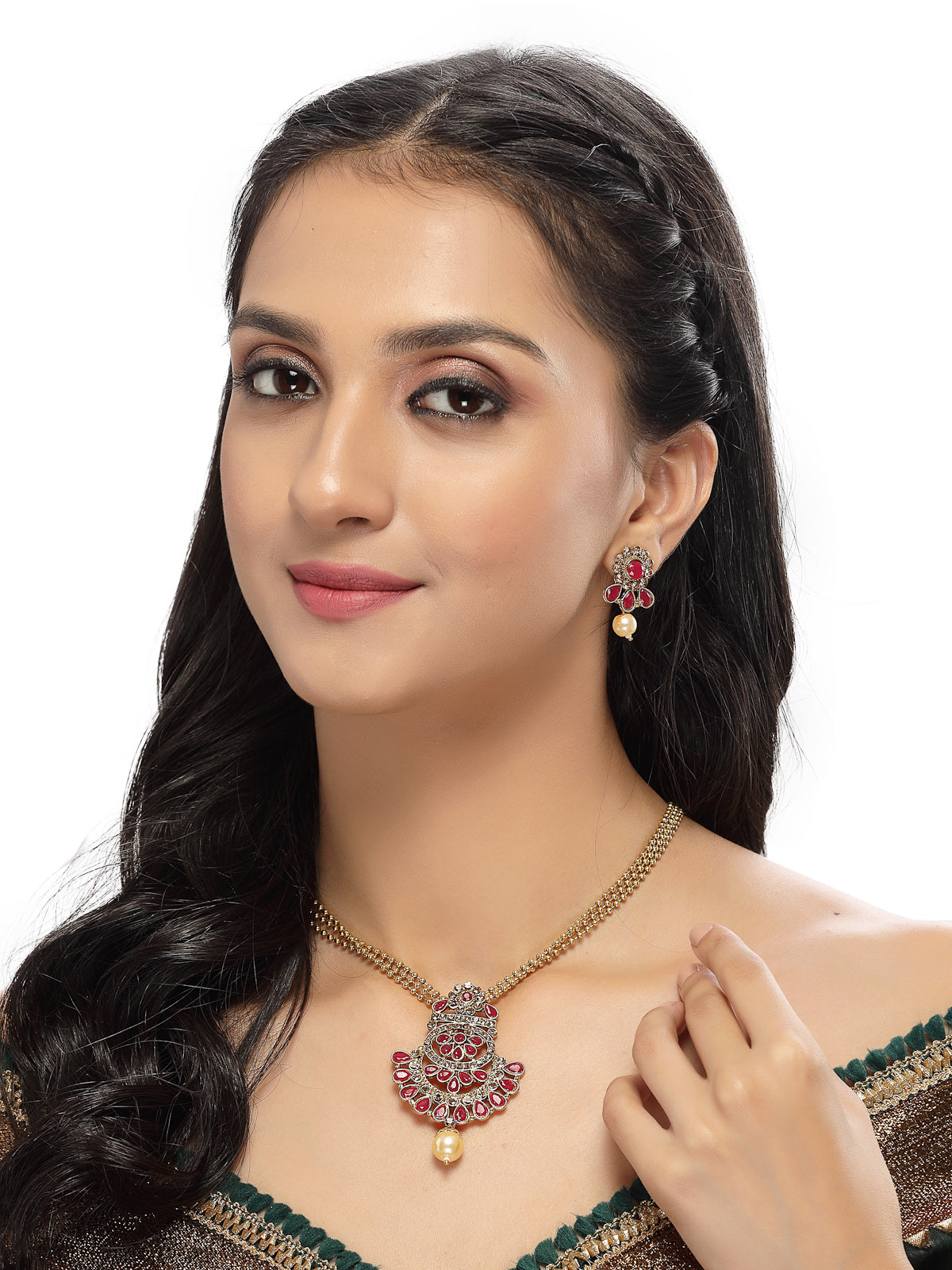Sukkhi Eye-Catching Maroon Stone Multistring Long Necklace Set And Earring | Jewellery Set For Women (NS105688)