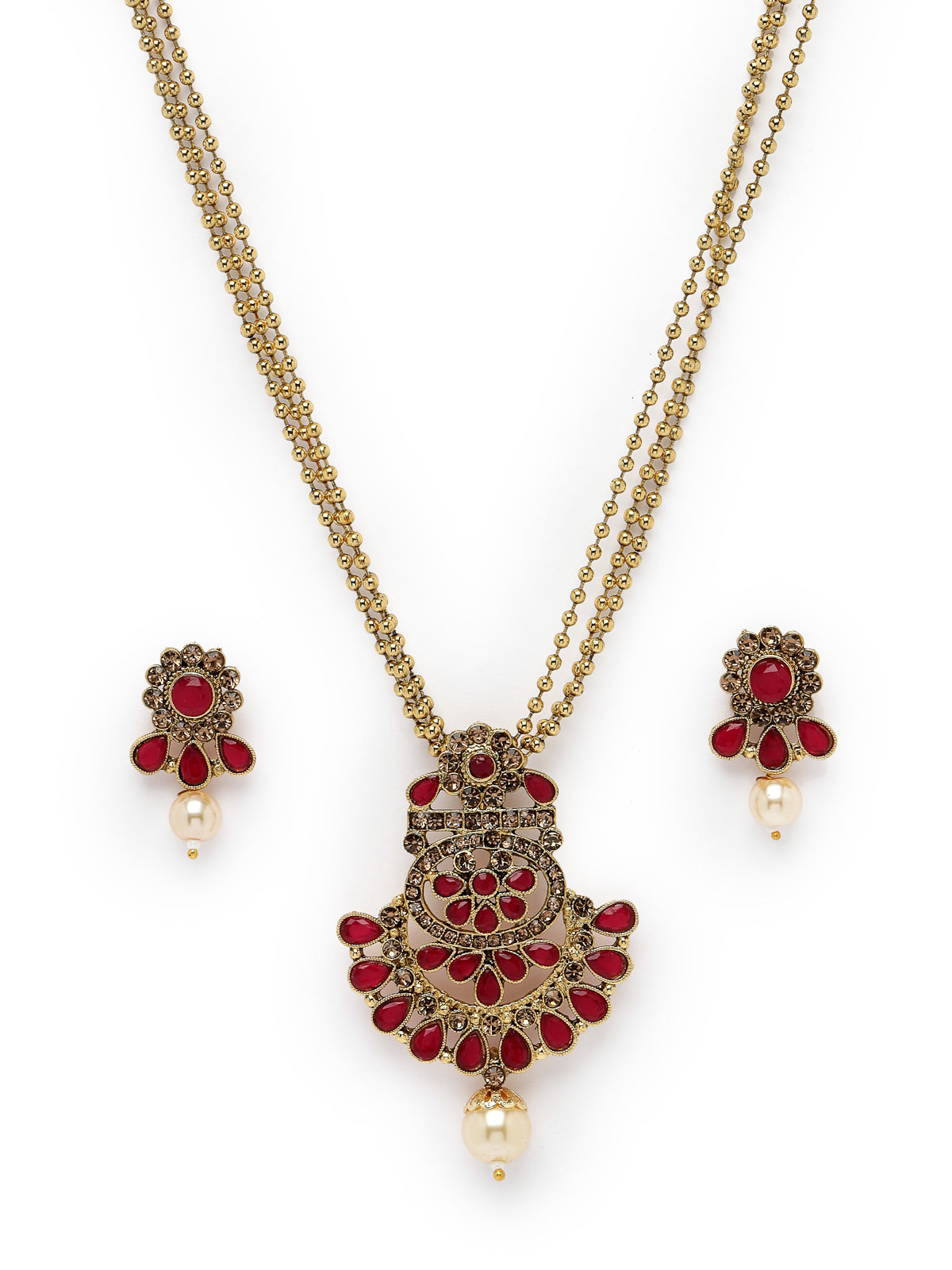Sukkhi Eye-Catching Maroon Stone Multistring Long Necklace Set And Earring | Jewellery Set For Women (NS105688)
