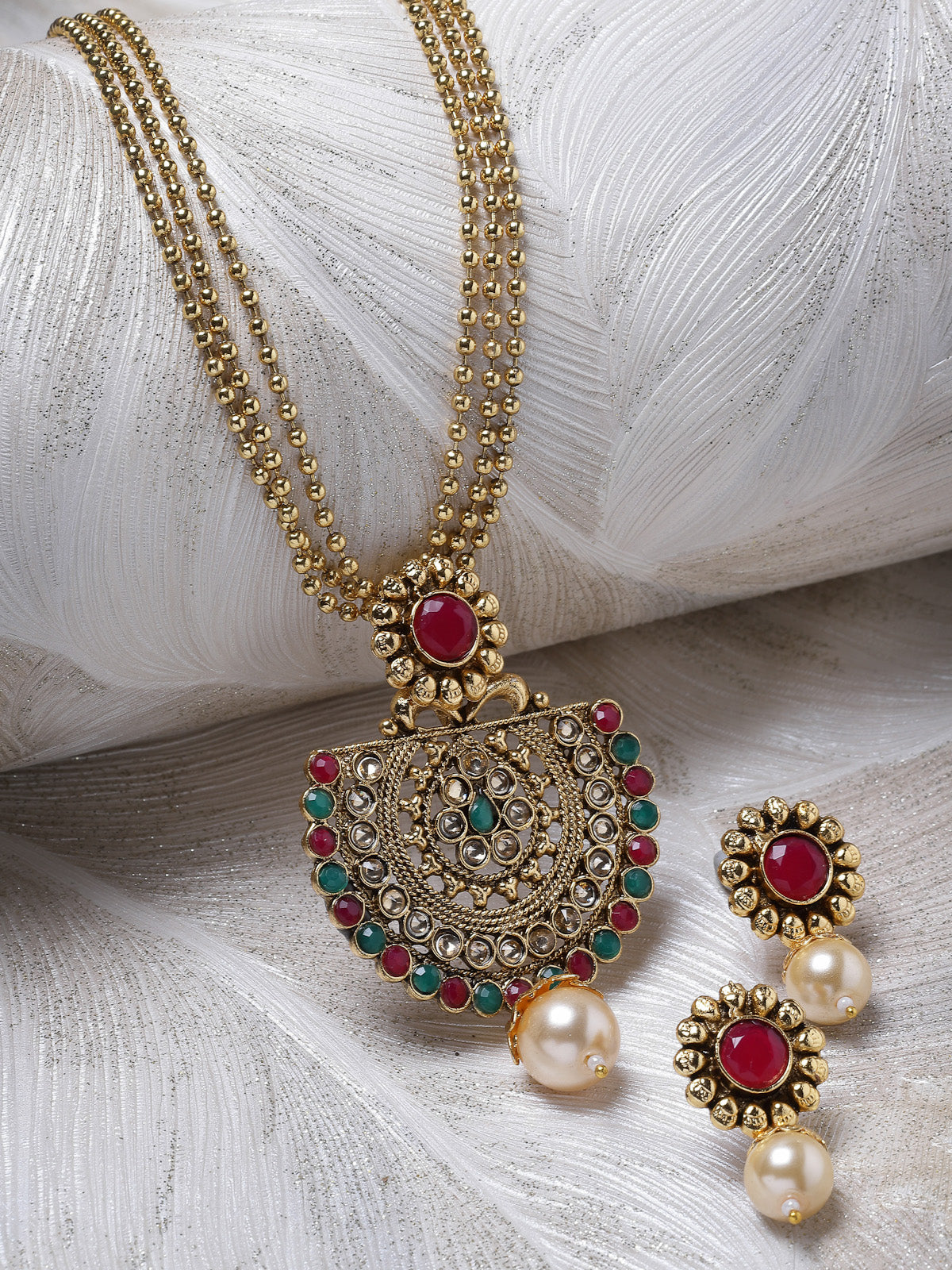 Sukkhi Beautiful Indian Look Green Red Stones Multistring Long Necklace Set And Earring | Jewellery Set For Women (NS105689)