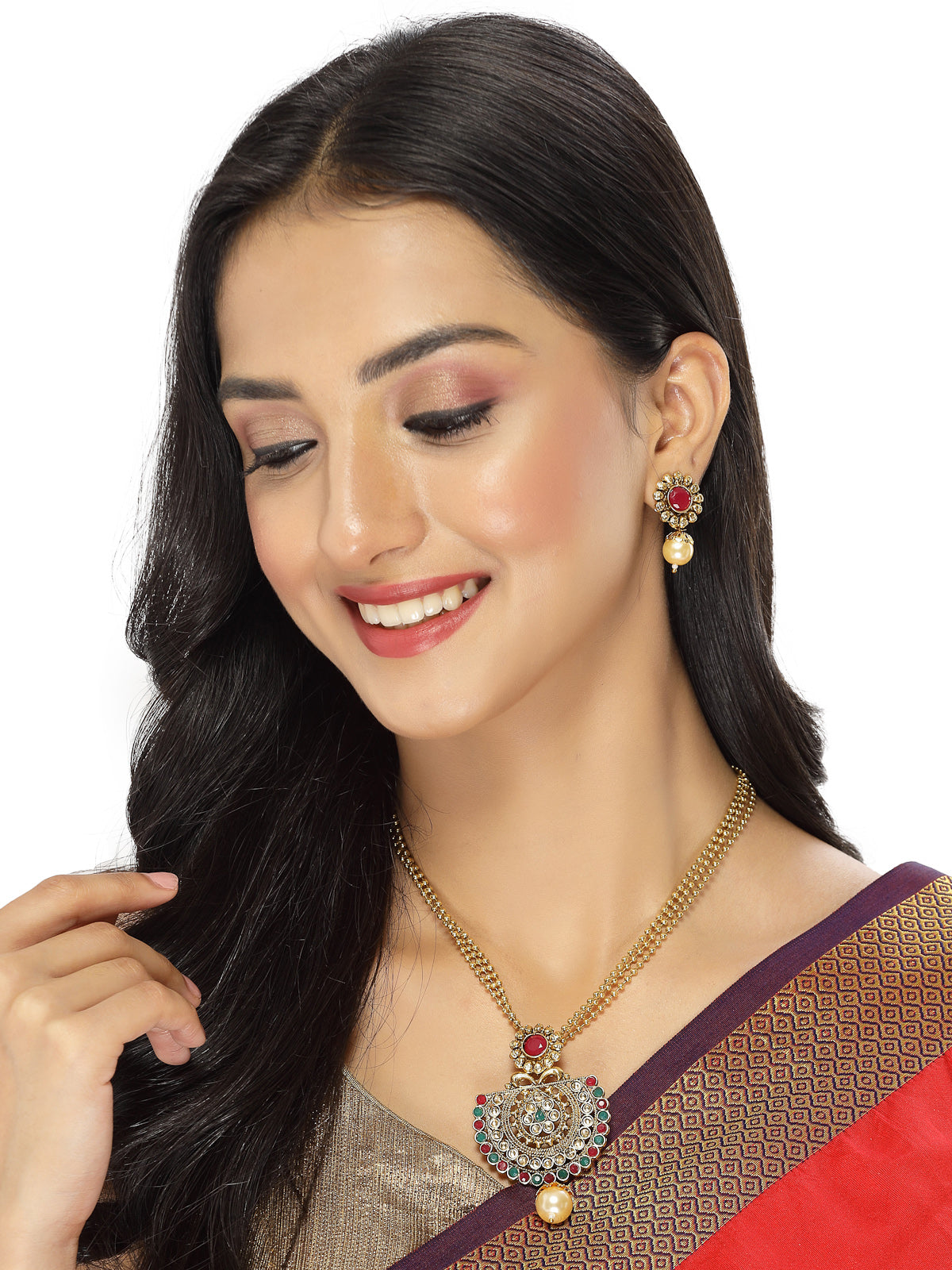 Sukkhi Beautiful Indian Look Green Red Stones Multistring Long Necklace Set And Earring | Jewellery Set For Women (NS105689)