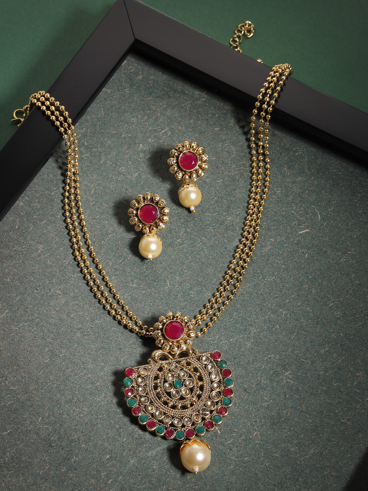 Sukkhi Beautiful Indian Look Green Red Stones Multistring Long Necklace Set And Earring | Jewellery Set For Women (NS105689)