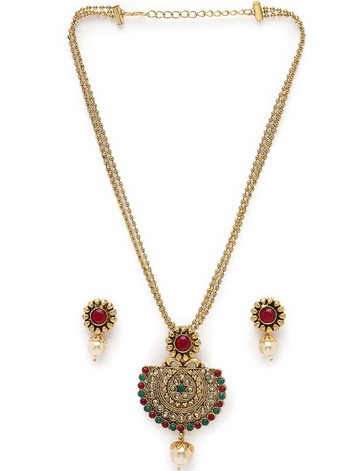 Sukkhi Beautiful Indian Look Green Red Stones Multistring Long Necklace Set And Earring | Jewellery Set For Women (NS105689)