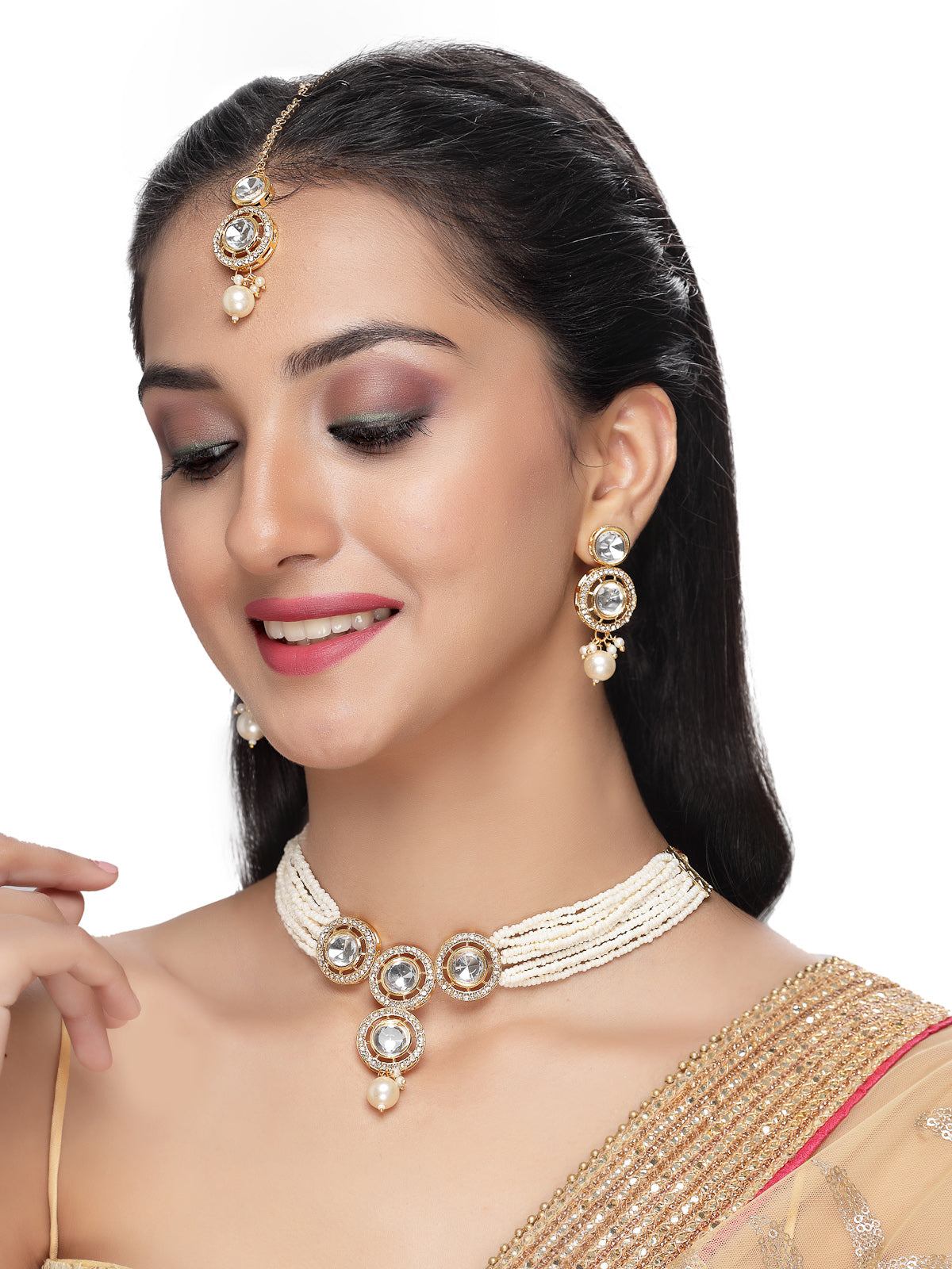 Sukkhi Iconic Gold Plated White AD Stone Multistrand Collar Bone Necklace Set With Earring And Maangtika | Jewellery Set For Women (NS105691)