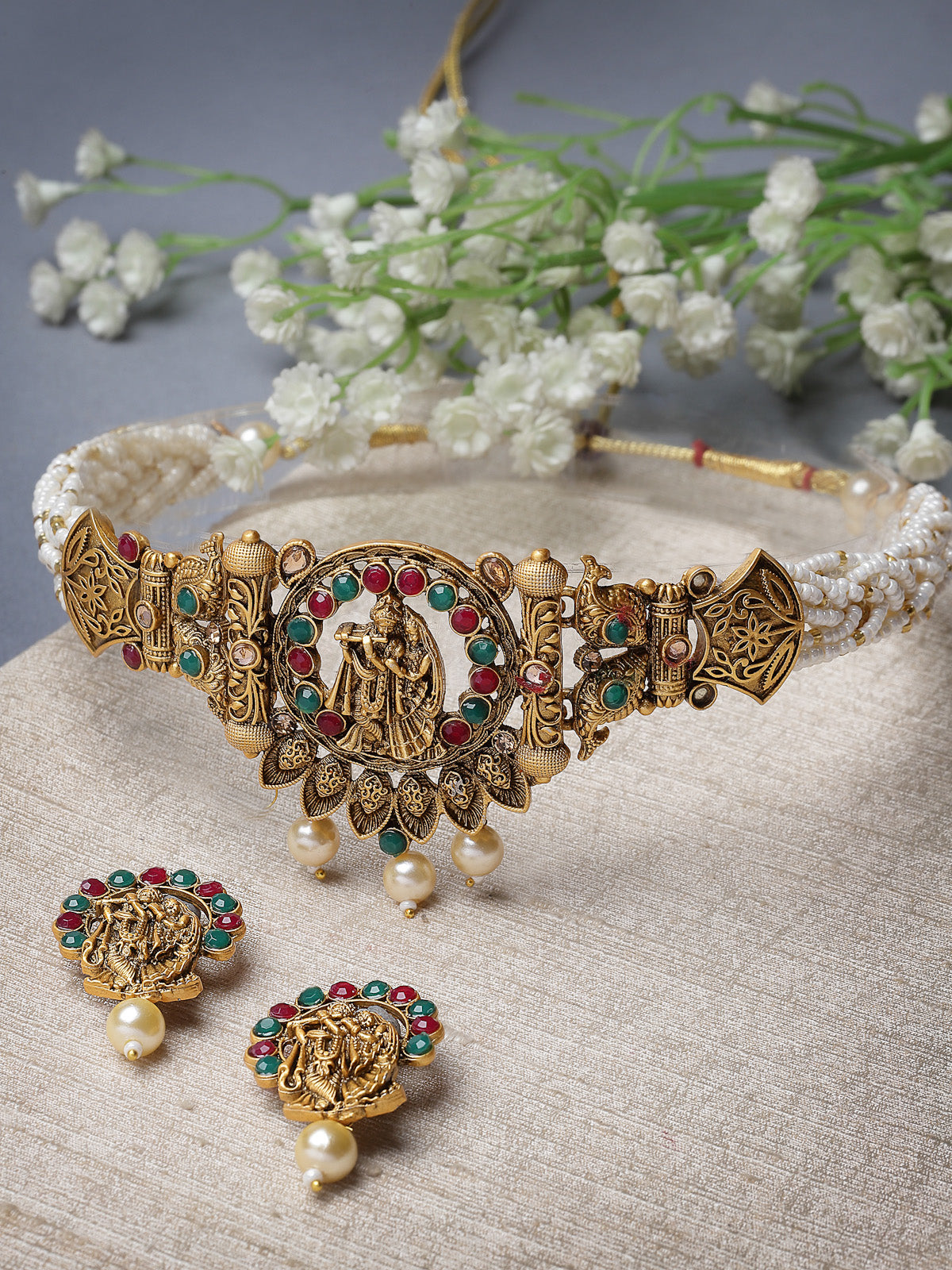 Sukkhi Innovative Temple Gold Plated Red & Green Stone Temple Choker Necklace Set With Earring | Jewellery Set For Women (NS105693)
