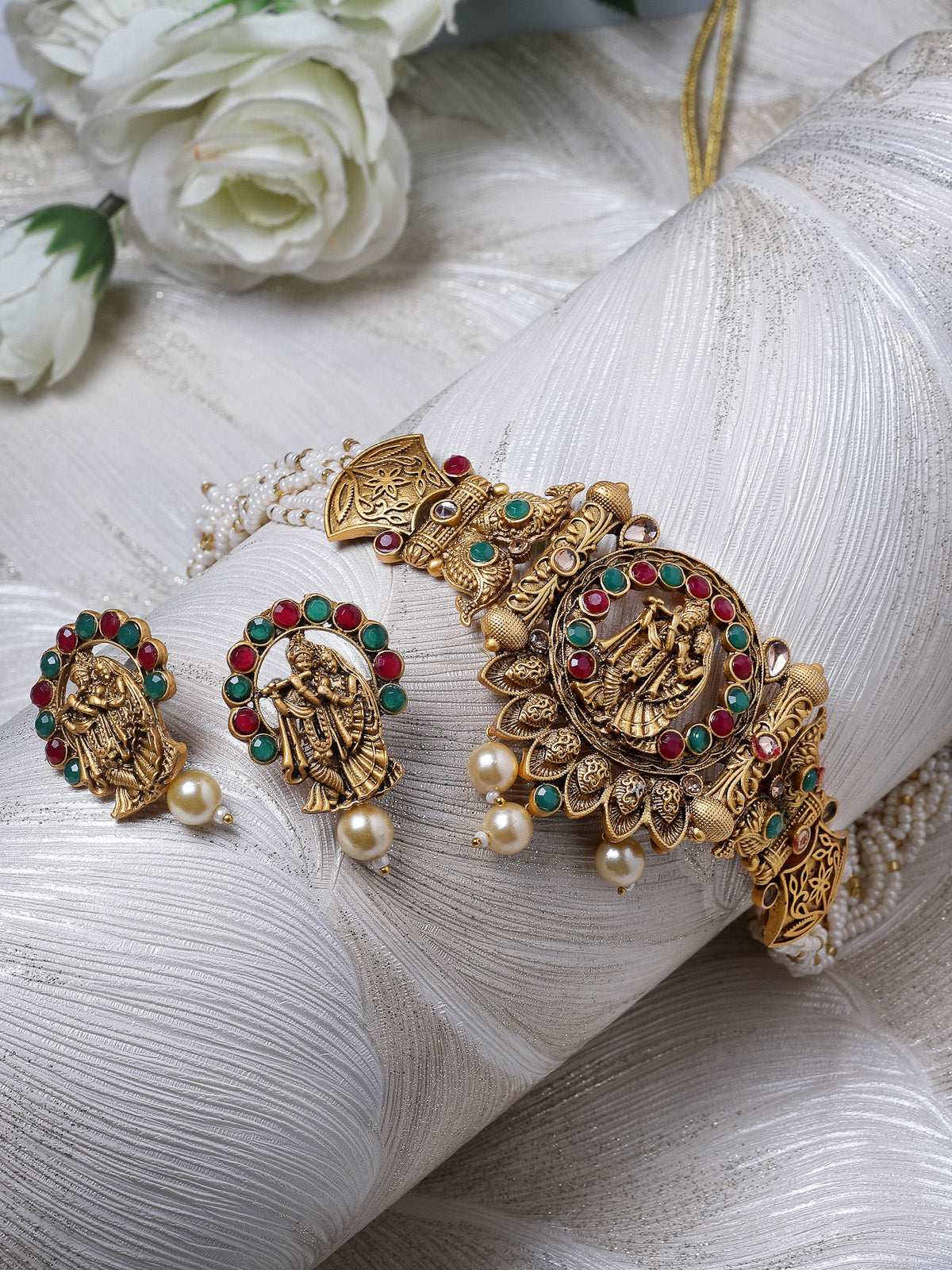 Sukkhi Innovative Temple Gold Plated Red & Green Stone Temple Choker Necklace Set With Earring | Jewellery Set For Women (NS105693)