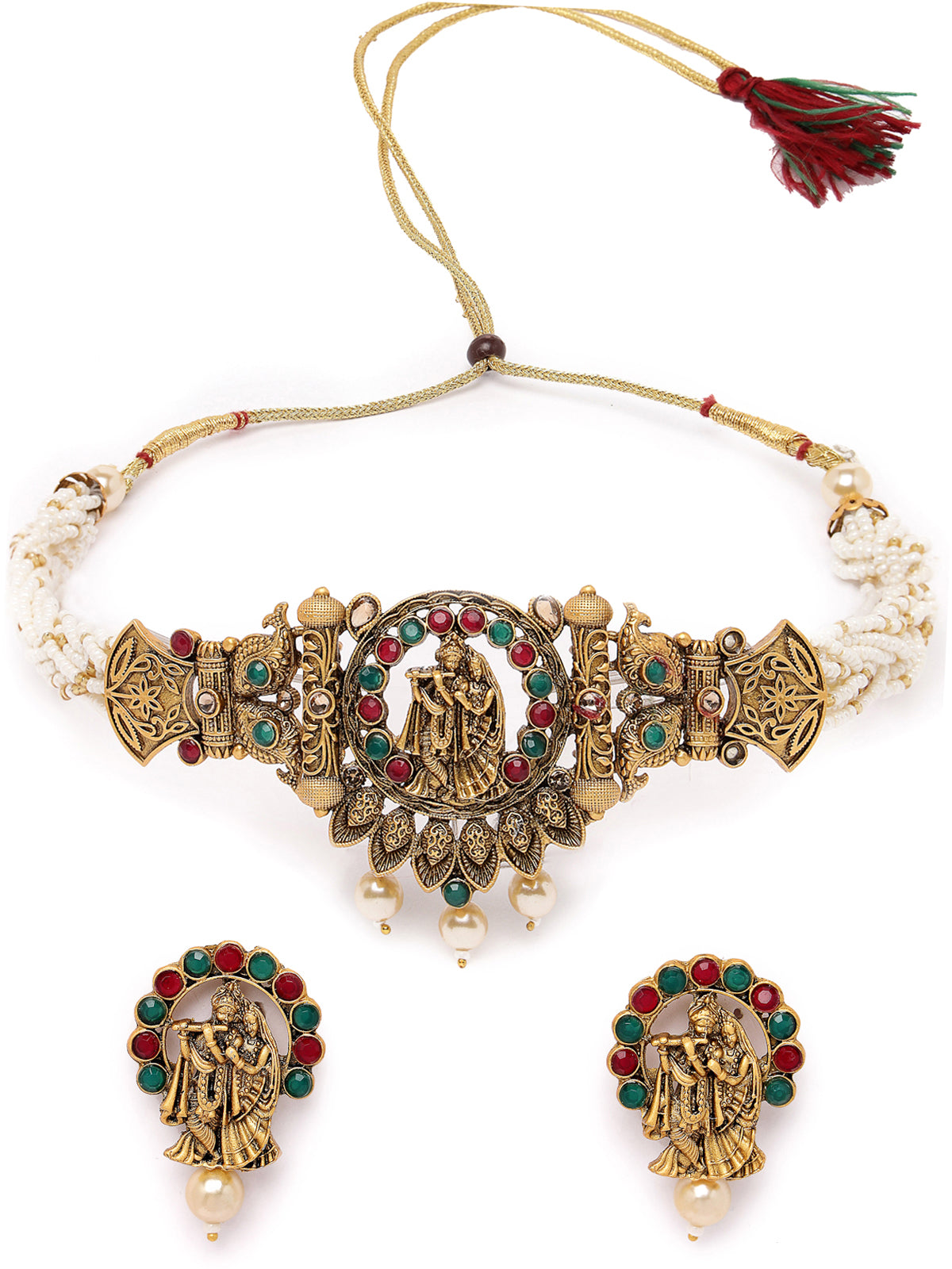 Sukkhi Innovative Temple Gold Plated Red & Green Stone Temple Choker Necklace Set With Earring | Jewellery Set For Women (NS105693)