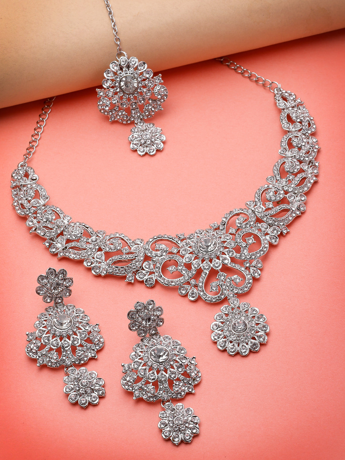 Sukkhi Magnetic Rhodium Plated Silver AD White Stone Collar Bone Necklace Set With Earring And Maangtika | Jewellery Set For Women (NS105694)