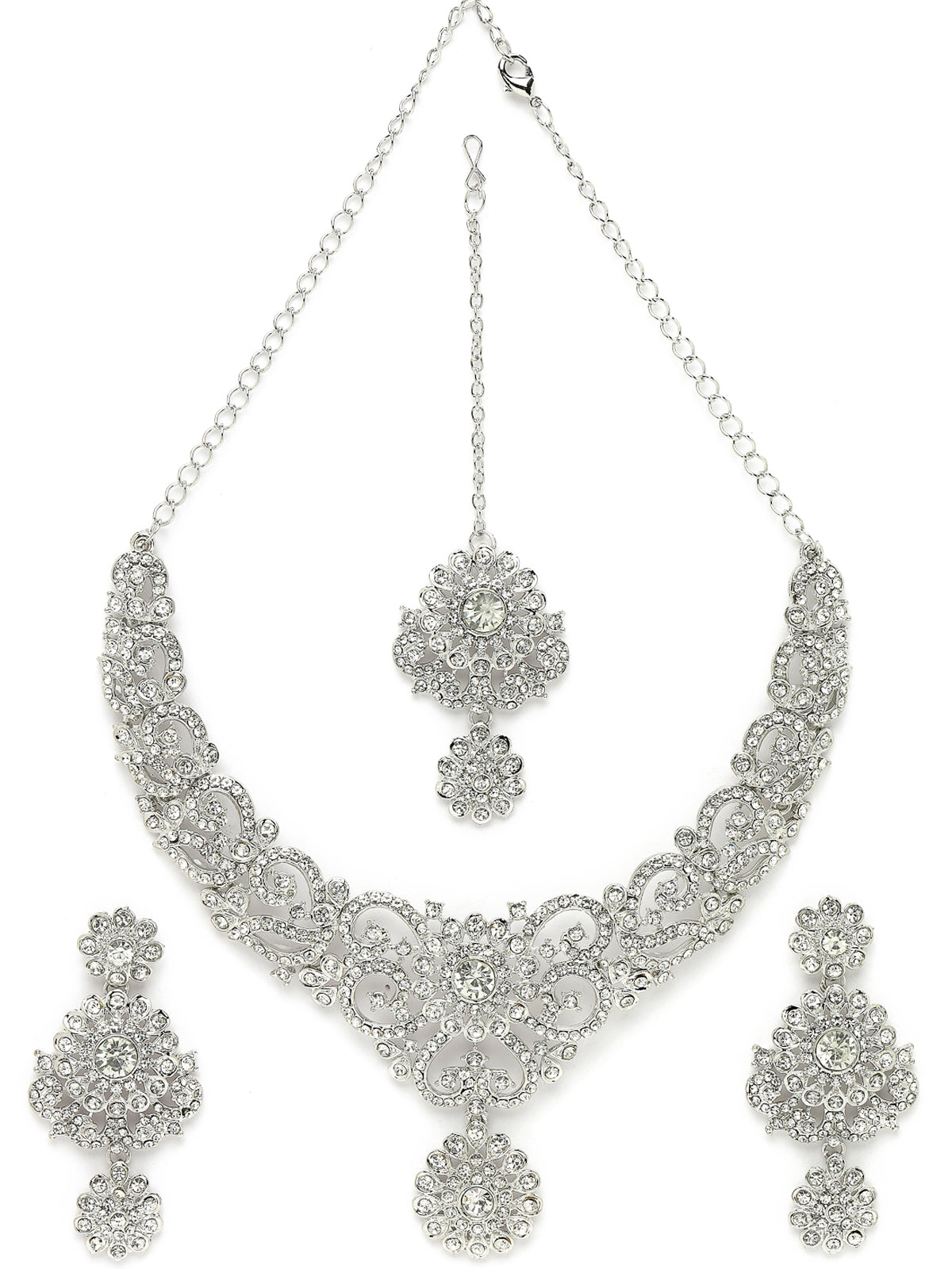 Sukkhi Magnetic Rhodium Plated Silver AD White Stone Collar Bone Necklace Set With Earring And Maangtika | Jewellery Set For Women (NS105694)