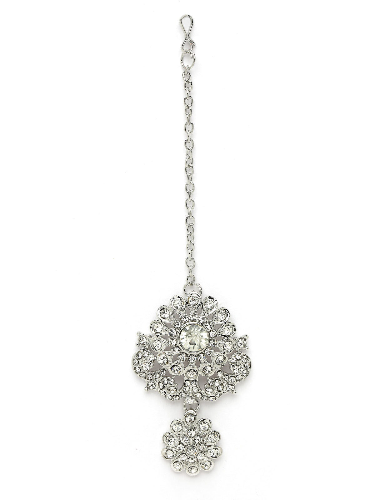 Sukkhi Magnetic Rhodium Plated Silver AD White Stone Collar Bone Necklace Set With Earring And Maangtika | Jewellery Set For Women (NS105694)