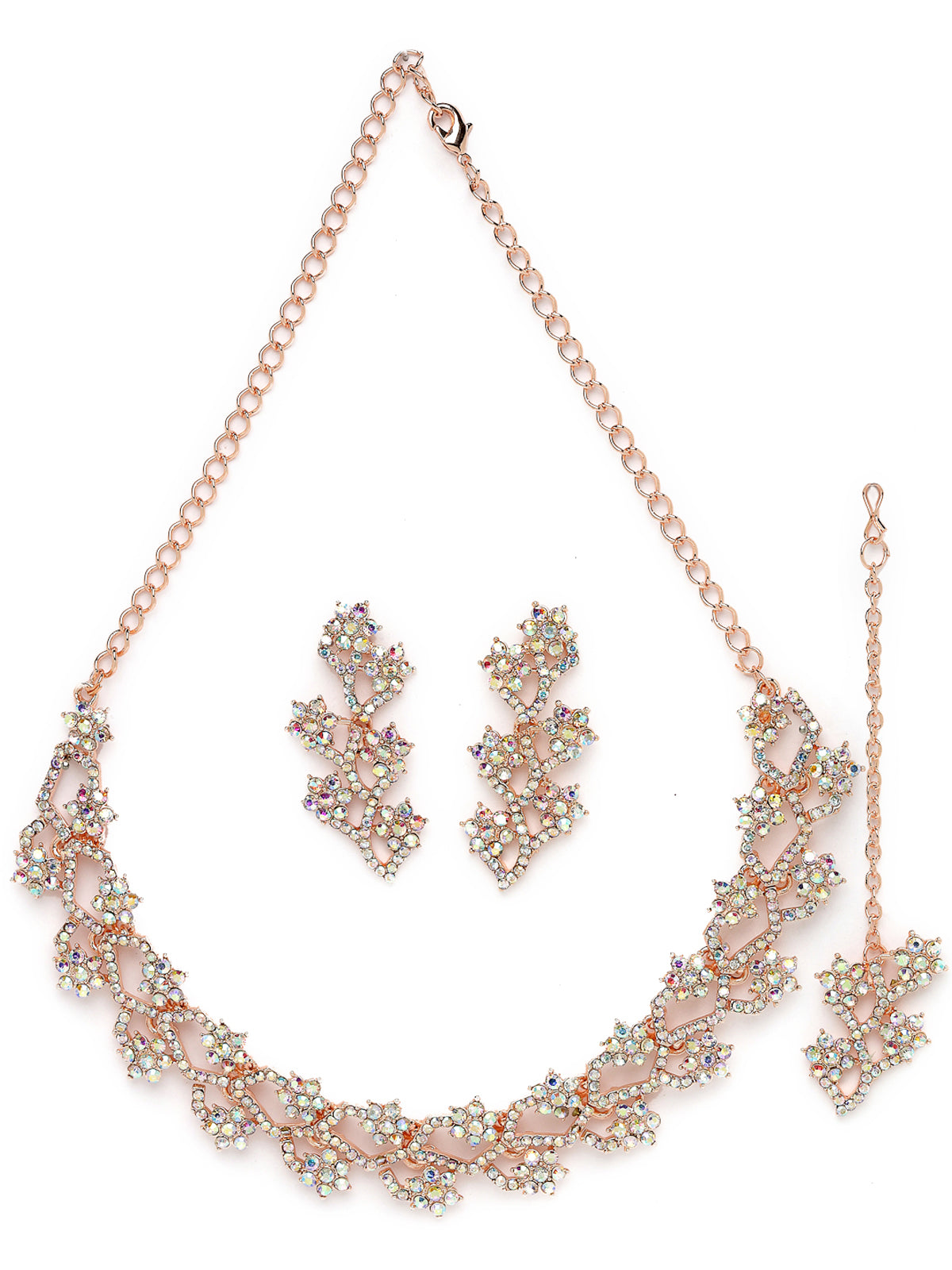 Sukkhi Summer-Ready Rose Gold Plated Rainbow Stones Collar Bone Necklace Set With Earring And Maangtika | Jewellery Set For Women (NS105695)