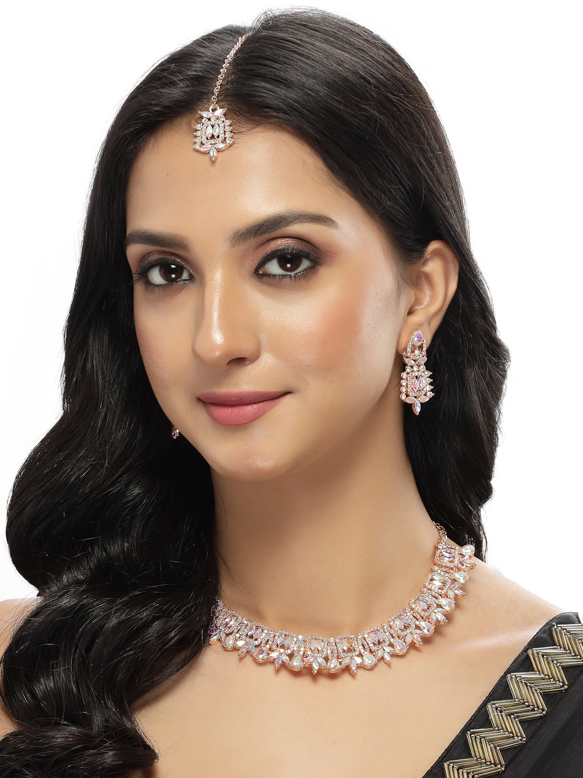 Sukkhi Versatile Rose Gold Plated Rainbow Stone Collar Bone Necklace Set With Earring And Maangtika | Jewellery Set For Women (NS105696)