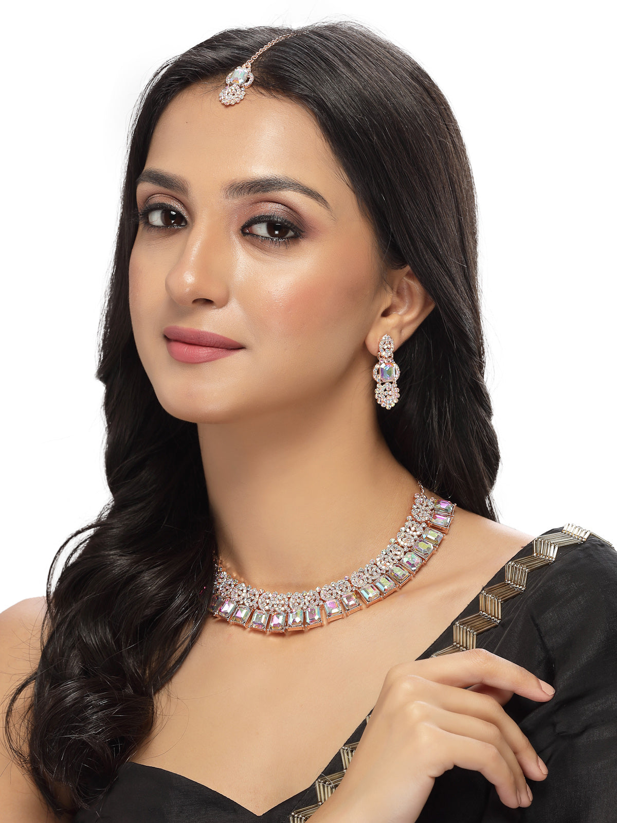 Sukkhi Striking Rose Gold Plated Rainbow Stones Collar Bone Necklace Set With Earring And Maangtika | Jewellery Set For Women (NS105697)