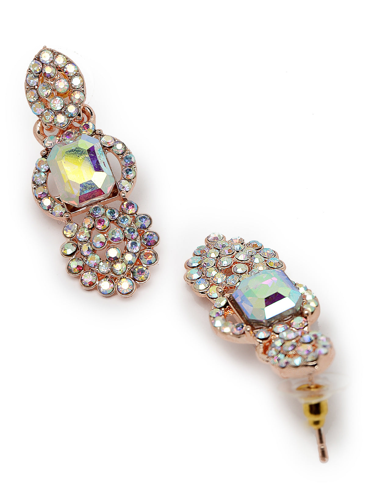 Sukkhi Striking Rose Gold Plated Rainbow Stones Collar Bone Necklace Set With Earring And Maangtika | Jewellery Set For Women (NS105697)