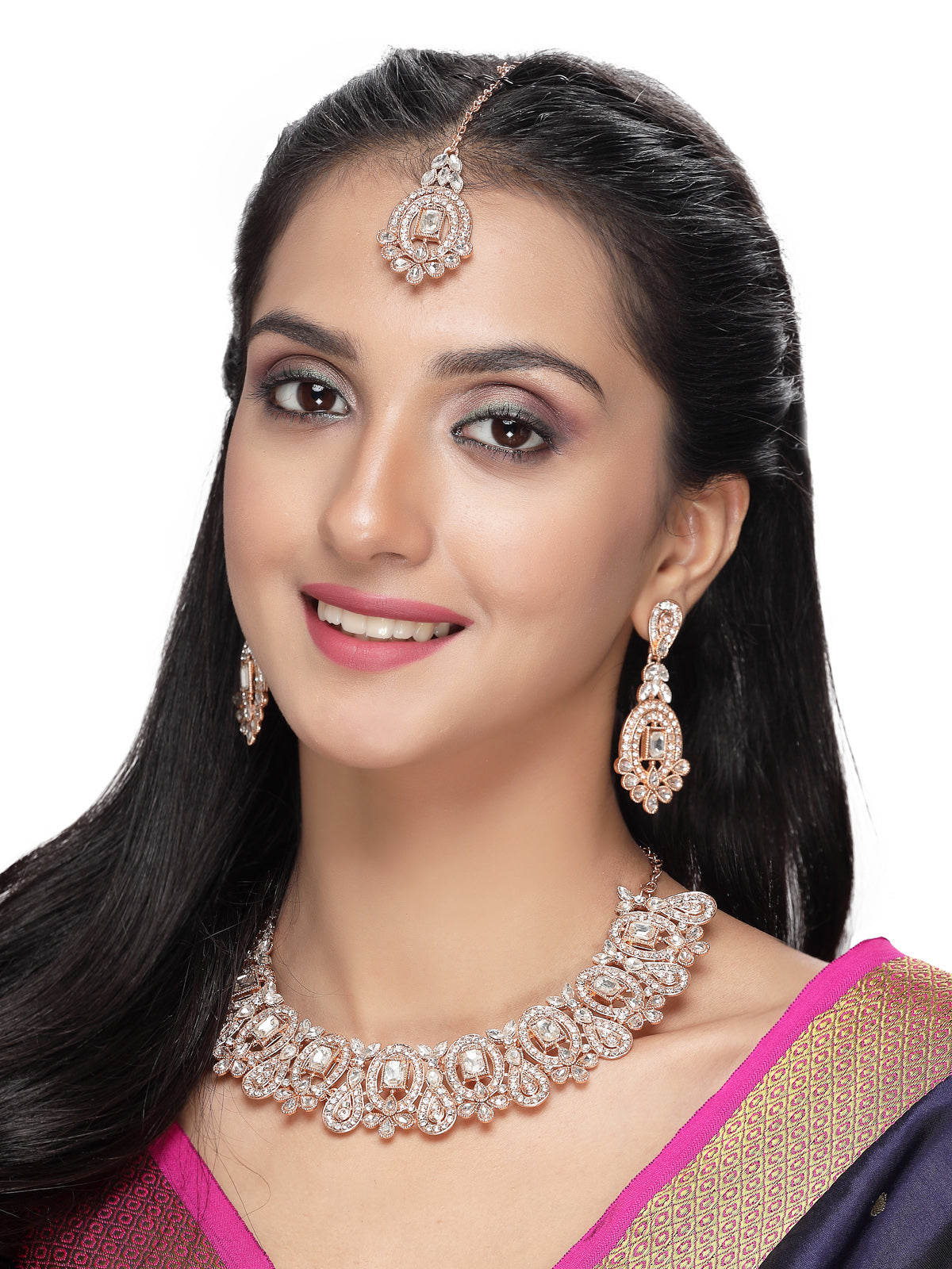 Sukkhi Creative Gold Plated AD Stone Collar Bone Necklace Set With Earring And Maangtika | Jewellery Set For Women (NS105699)