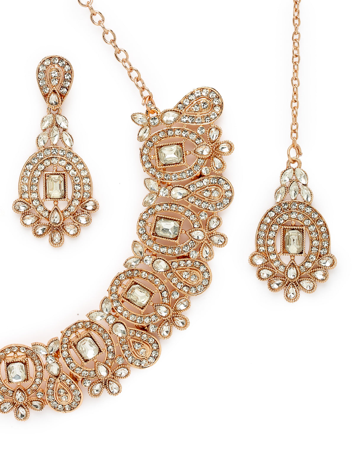Sukkhi Creative Gold Plated AD Stone Collar Bone Necklace Set With Earring And Maangtika | Jewellery Set For Women (NS105699)