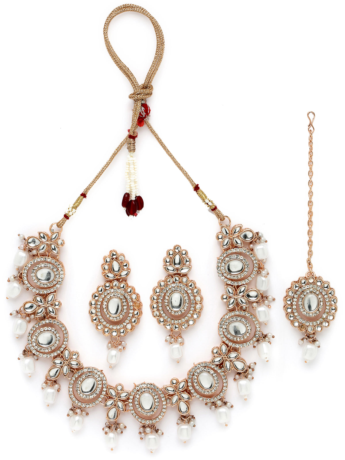 Sukkhi Traditional Gold Plated AD Stone Collar Bone Necklace Set With Earring And Maangtika | Jewellery Set For Women (NS105700)