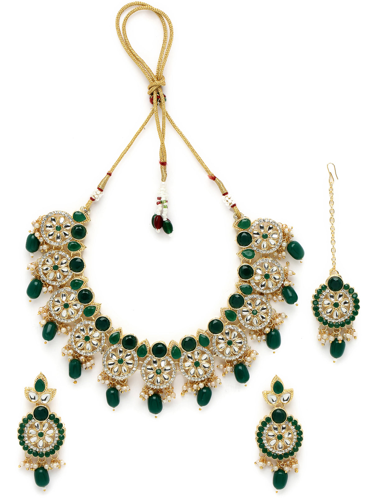 Sukkhi Indian Traditional Gold Plated AD Green Collar Bone Necklace Set With Earring And Maangtika | Jewellery Set For Women (NS105701)