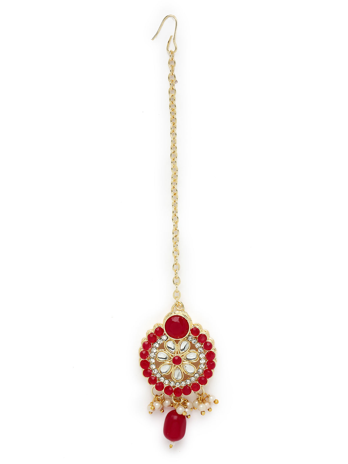 Sukkhi Indian Traditional Gold Plated AD Rani Pink Collar Bone Necklace Set With Earring And Maangtika | Jewellery Set For Women (NS105702)