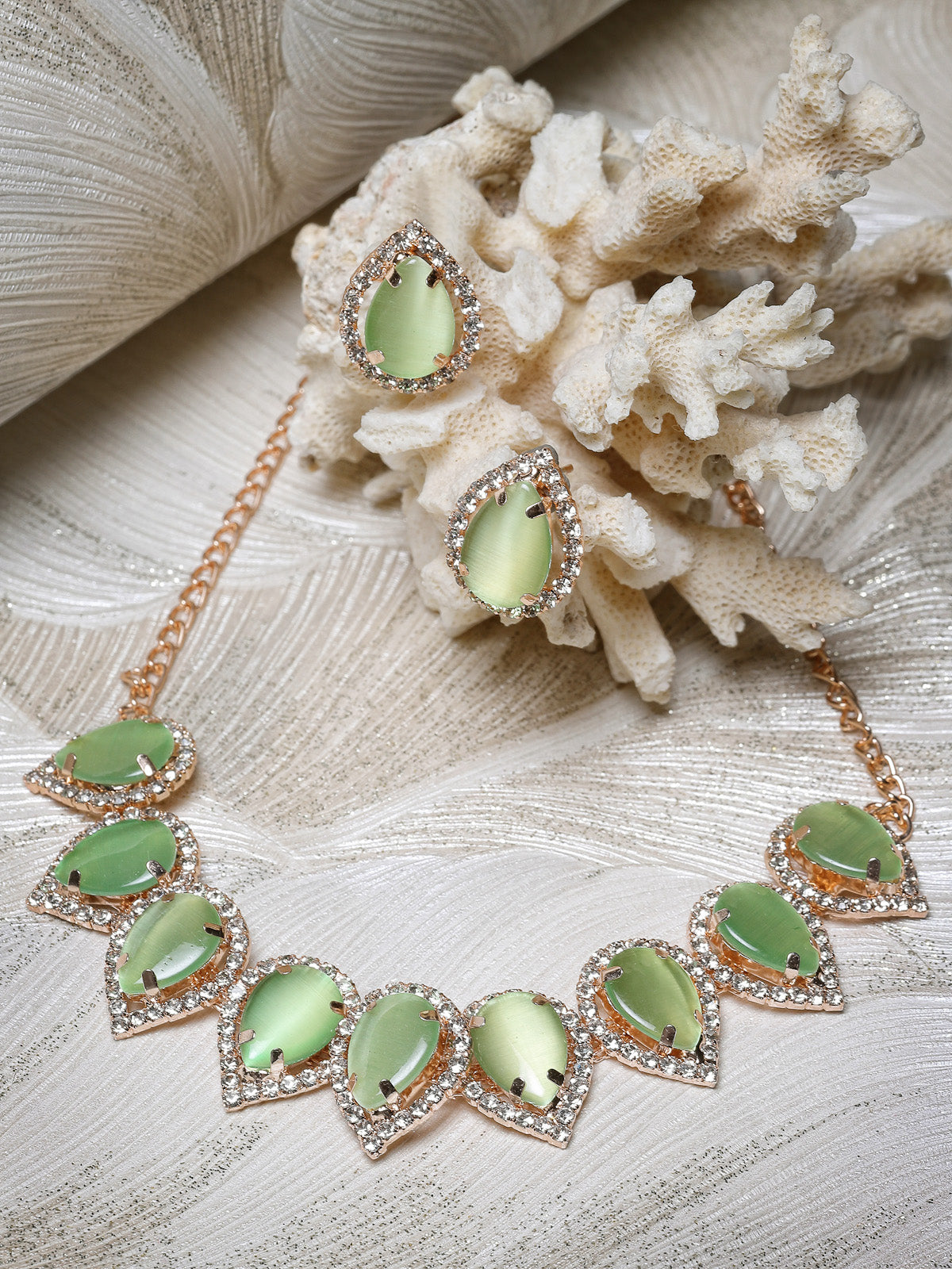 Sukkhi Elaborate Gold-Plated With AD Green Collar Bone Necklace Set With Drop Earrings | Jewellery Jewellery Set For Women (NS105704)