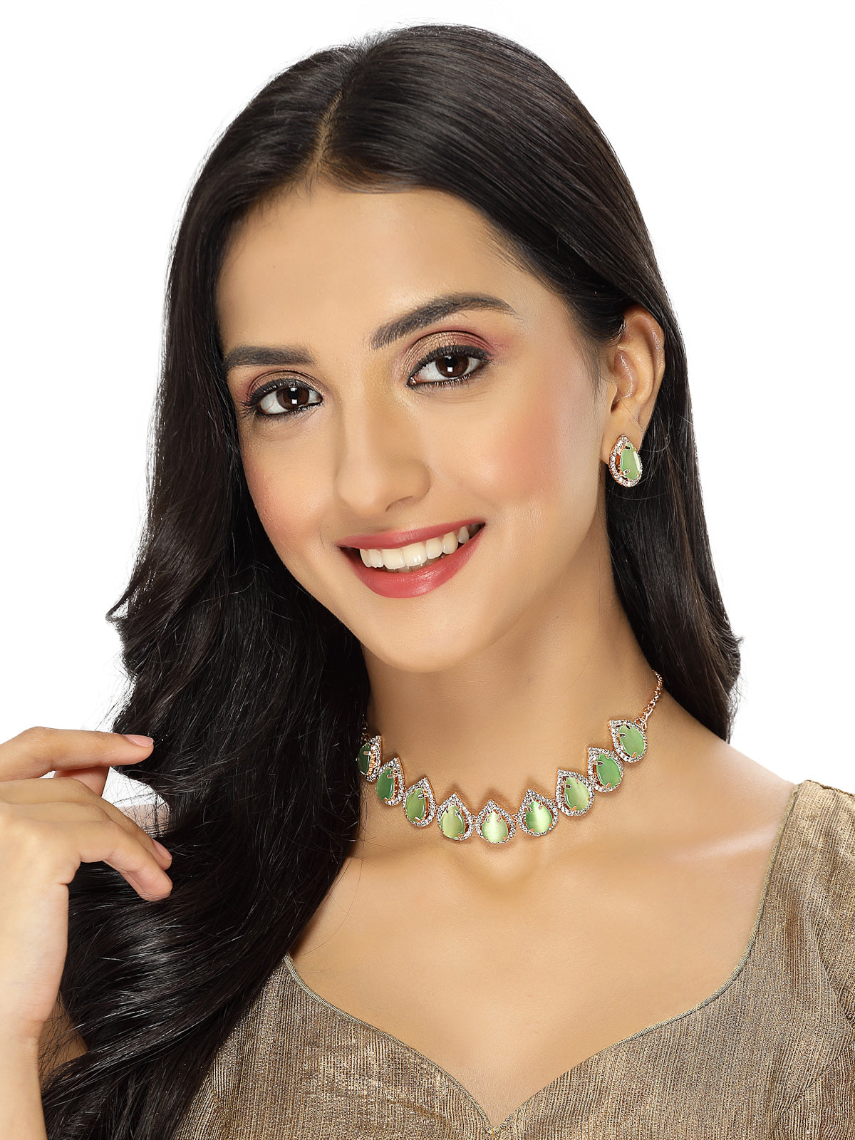 Sukkhi Elaborate Gold-Plated With AD Green Collar Bone Necklace Set With Drop Earrings | Jewellery Jewellery Set For Women (NS105704)