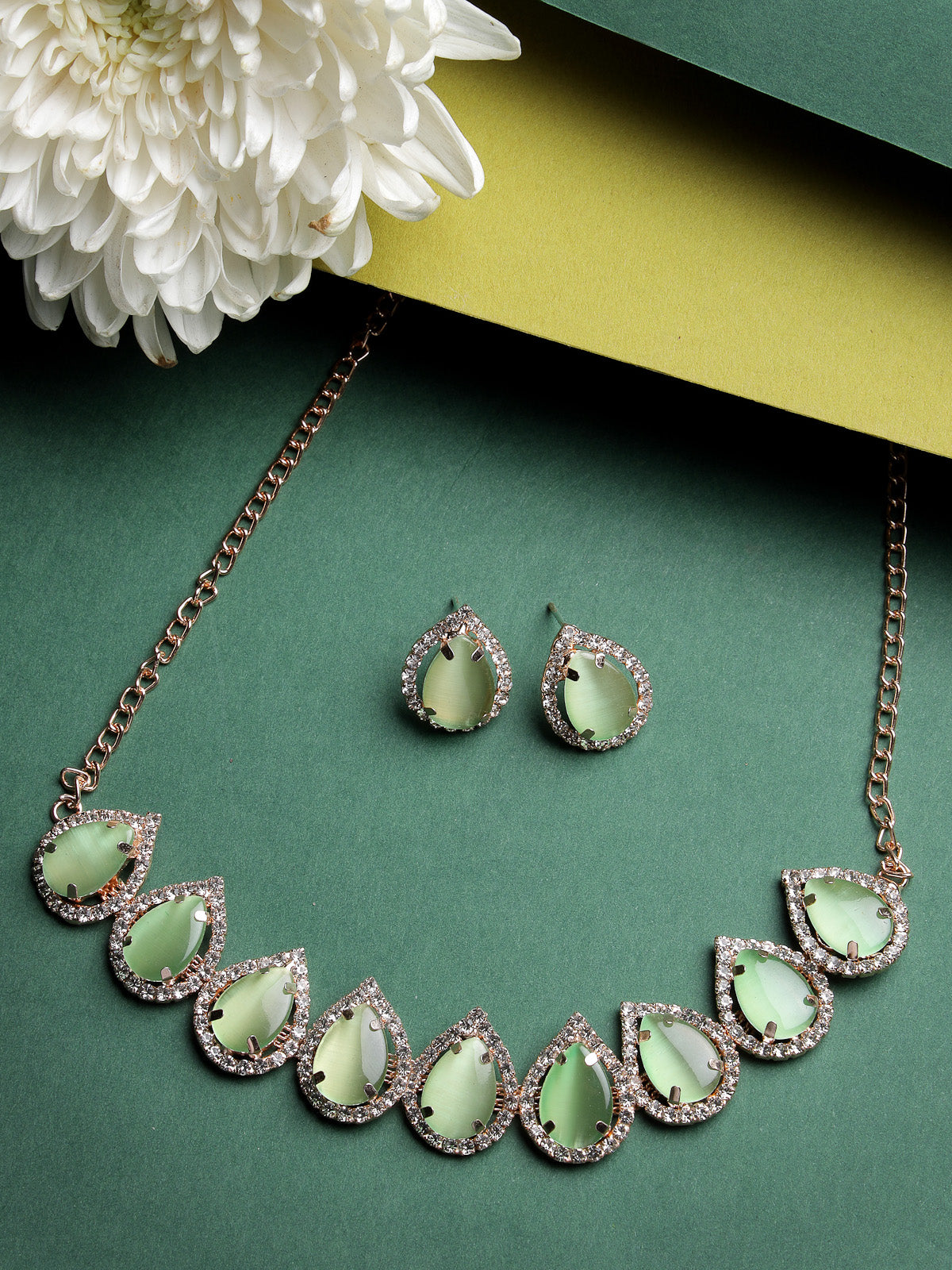 Sukkhi Elaborate Gold-Plated With AD Green Collar Bone Necklace Set With Drop Earrings | Jewellery Jewellery Set For Women (NS105704)