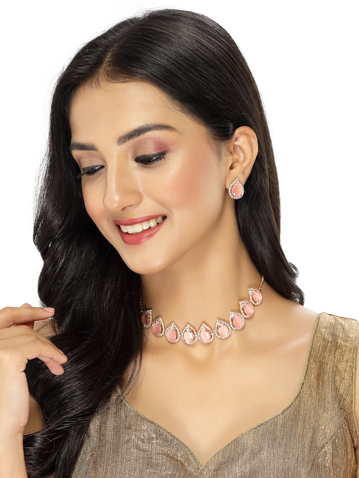 Sukkhi Elaborate Gold-Plated With AD Pink Stones Collar Bone Necklace Set With Drop Earrings | Jewellery Jewellery Set For Women (NS105705)