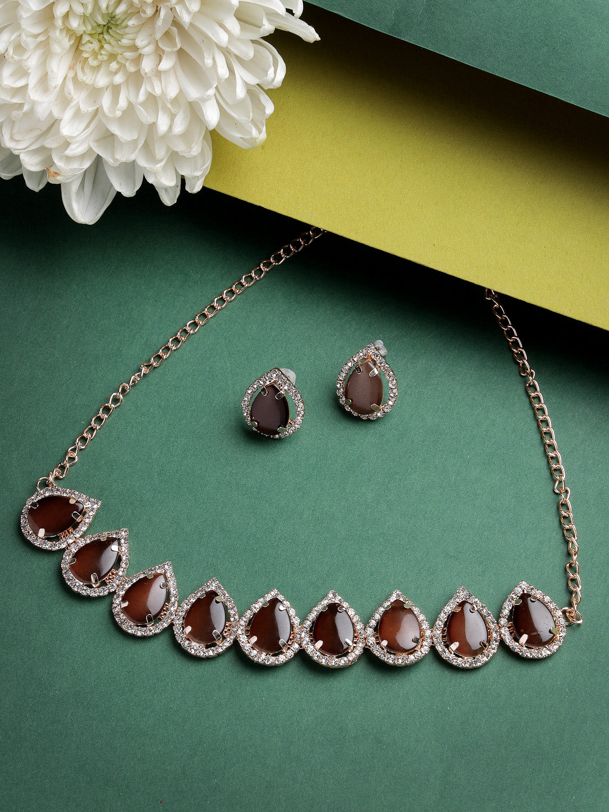 Sukkhi Elaborate Gold-Plated With AD Brown Stones Collar Bone Necklace Set With Drop Earrings | Jewellery Jewellery Set For Women (NS105706)