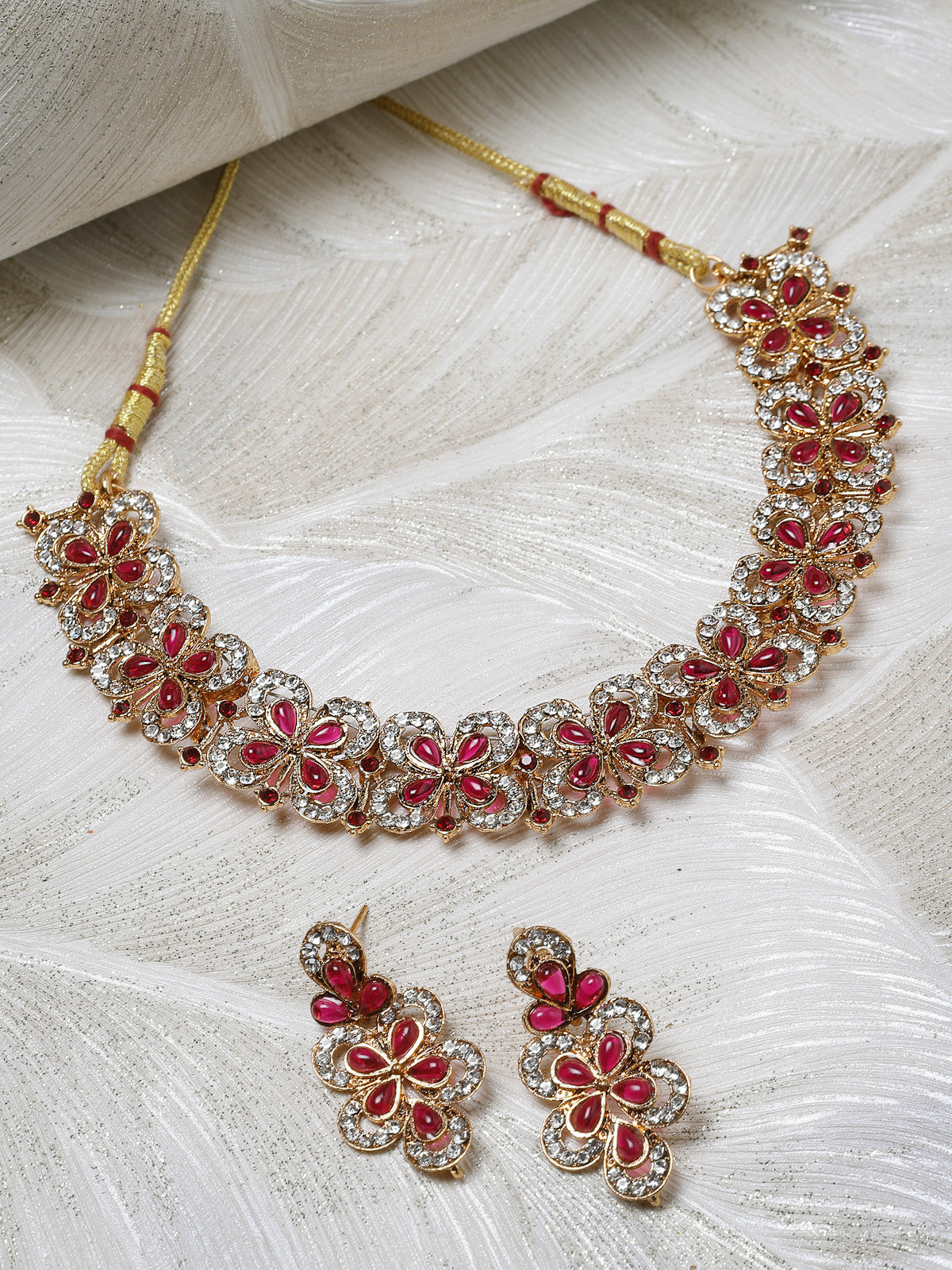 Sukkhi Splendid Gold Plated AD Rani Pink Stones Collar Bone Necklace Set And Earring | Jewellery Set For Women (NS105707)