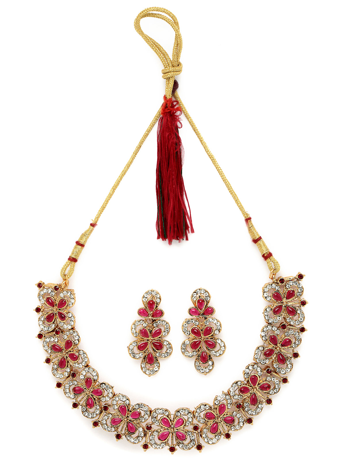 Sukkhi Splendid Gold Plated AD Rani Pink Stones Collar Bone Necklace Set And Earring | Jewellery Set For Women (NS105707)