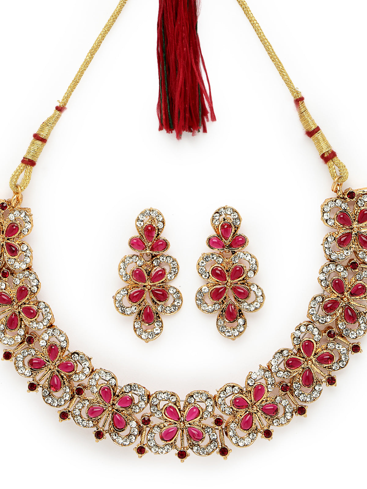 Sukkhi Splendid Gold Plated AD Rani Pink Stones Collar Bone Necklace Set And Earring | Jewellery Set For Women (NS105707)