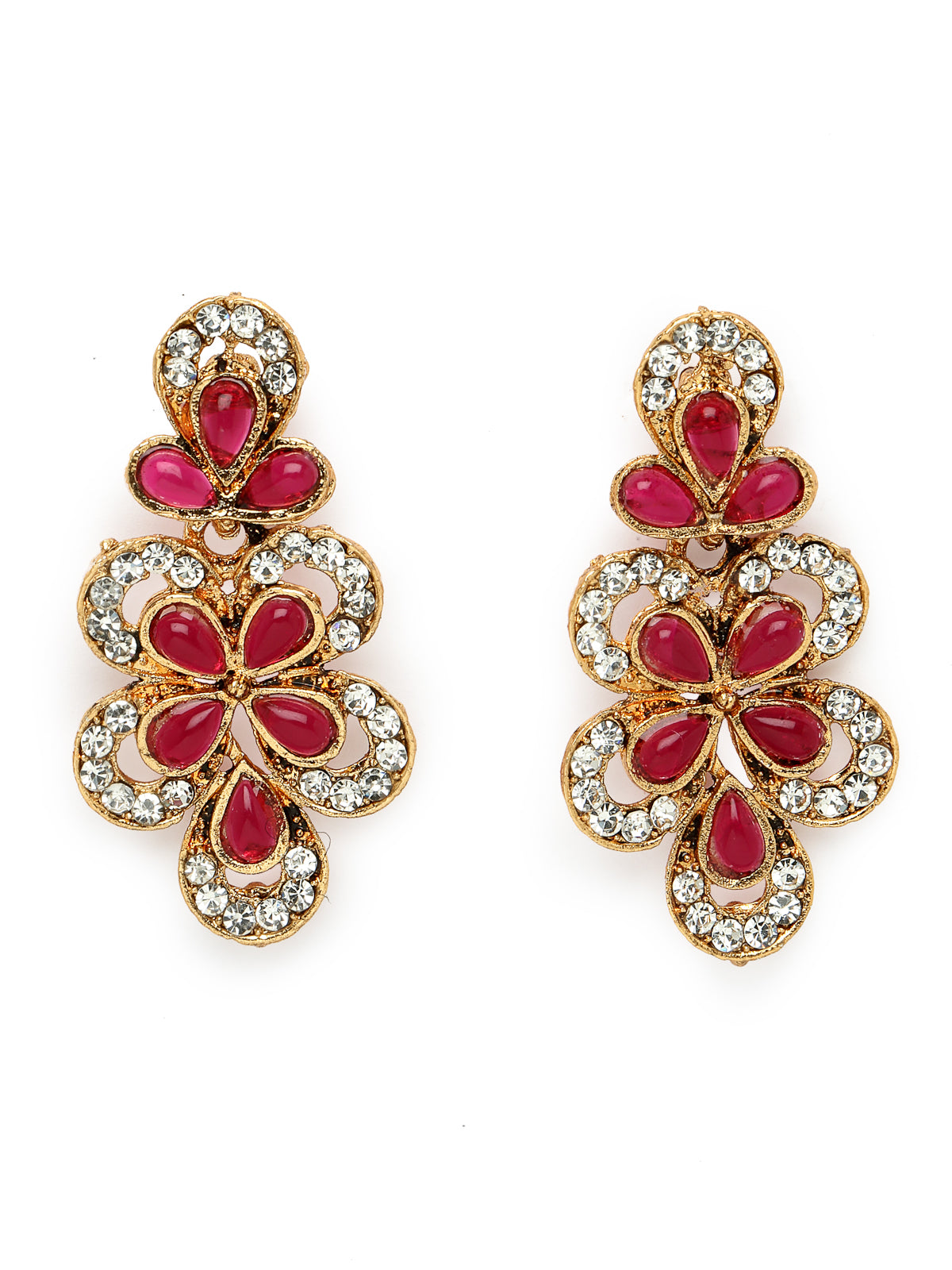 Sukkhi Splendid Gold Plated AD Rani Pink Stones Collar Bone Necklace Set And Earring | Jewellery Set For Women (NS105707)