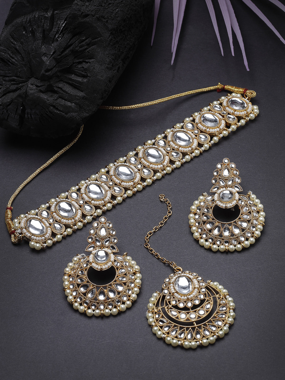 Sukkhi Indian Traditional Gold Plated White Stone & Beads Choker Necklace Set With Earring And Maangtika | Jewellery Set For Women (NS105709)
