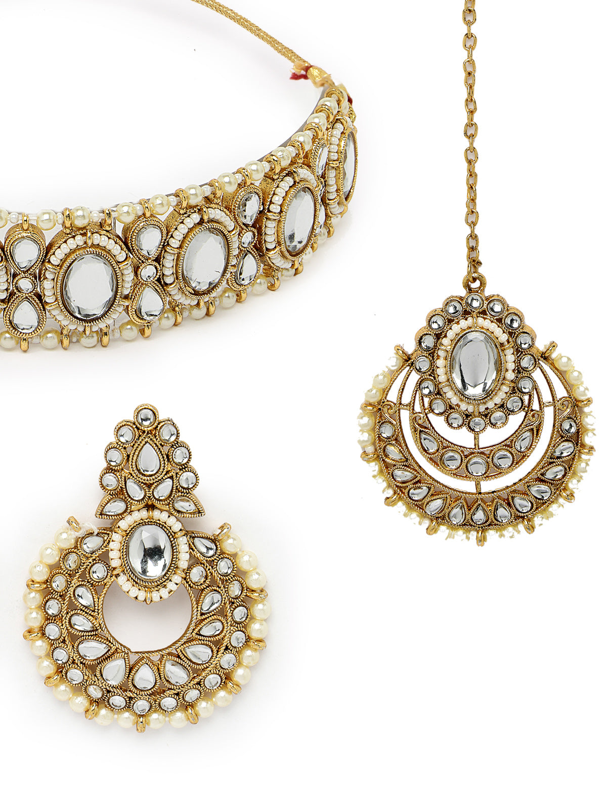 Sukkhi Indian Traditional Gold Plated White Stone & Beads Choker Necklace Set With Earring And Maangtika | Jewellery Set For Women (NS105709)