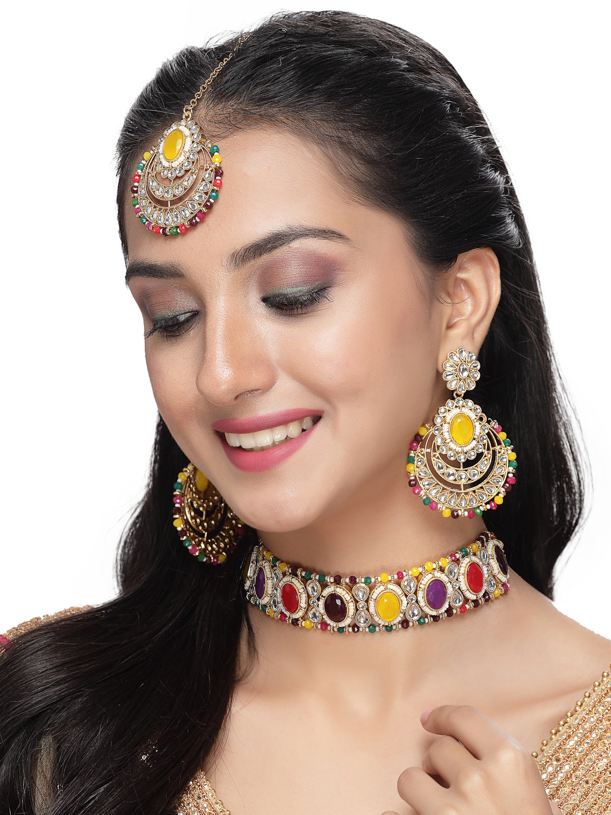 Sukkhi Indian Traditional Gold Plated Multicolor Stone & Beads Choker Necklace Set With Earring And Maangtika | Jewellery Set For Women (NS105711)