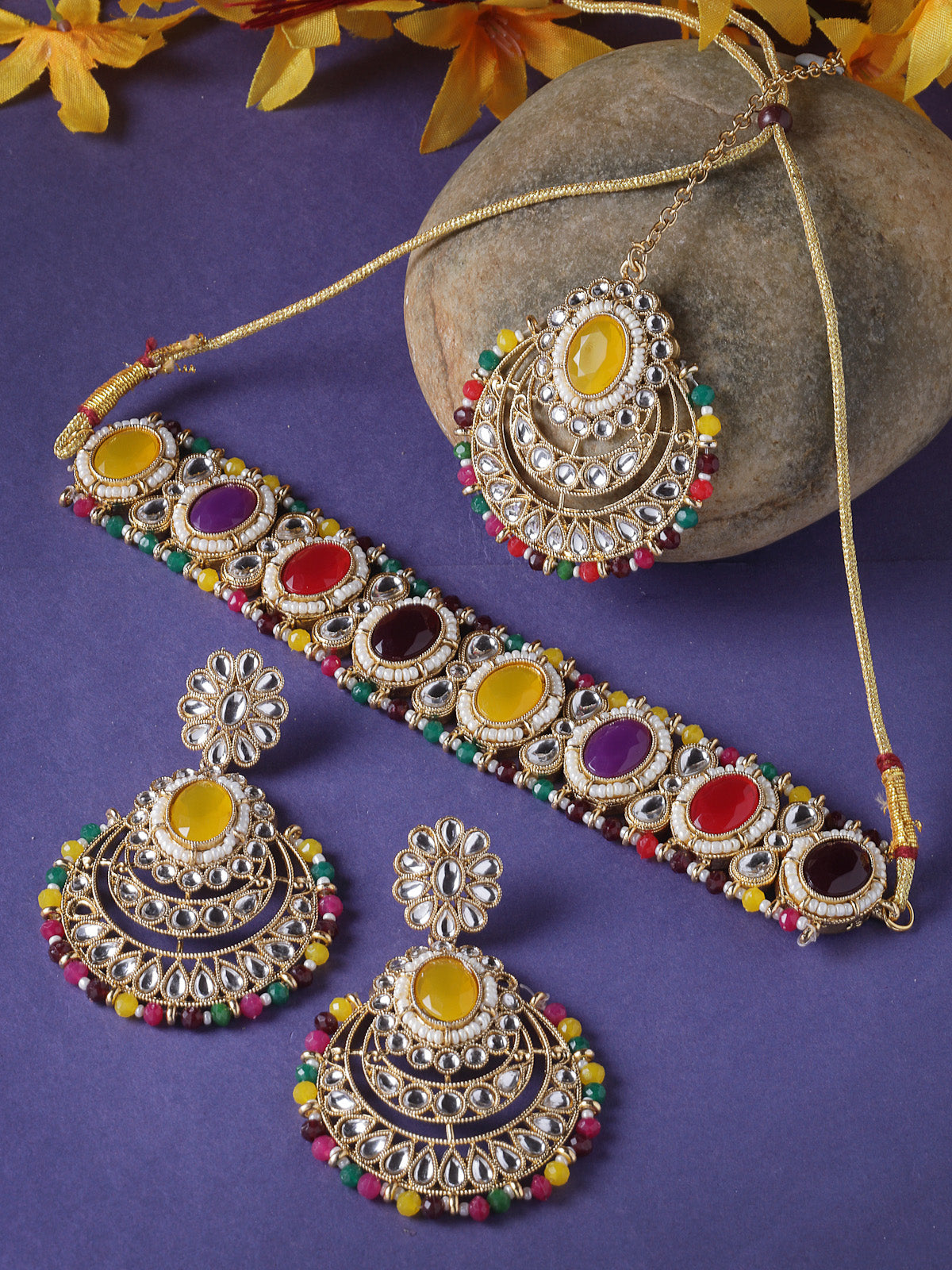 Sukkhi Indian Traditional Gold Plated Multicolor Stone & Beads Choker Necklace Set With Earring And Maangtika | Jewellery Set For Women (NS105711)