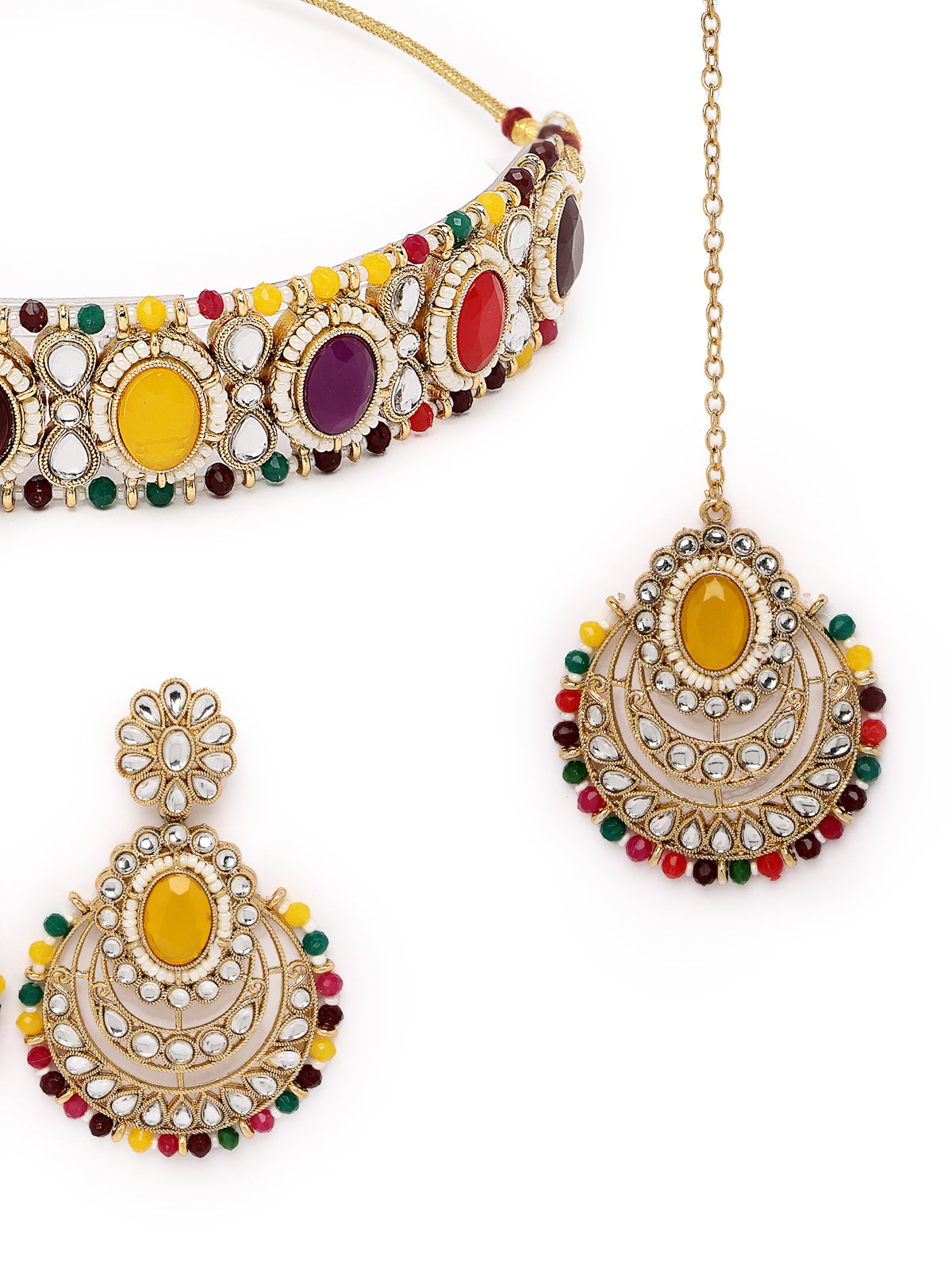 Sukkhi Indian Traditional Gold Plated Multicolor Stone & Beads Choker Necklace Set With Earring And Maangtika | Jewellery Set For Women (NS105711)