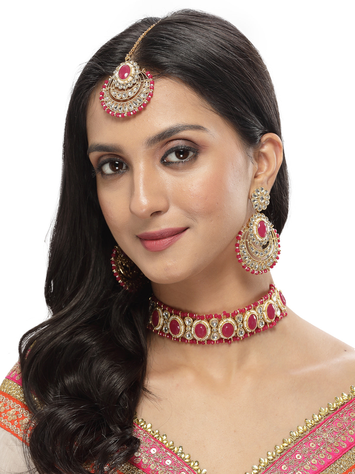 Sukkhi Indian Traditional Gold Plated Rani Pink Stone & Beads Choker Necklace Set With Earring And Maangtika | Jewellery Set For Women (NS105712)