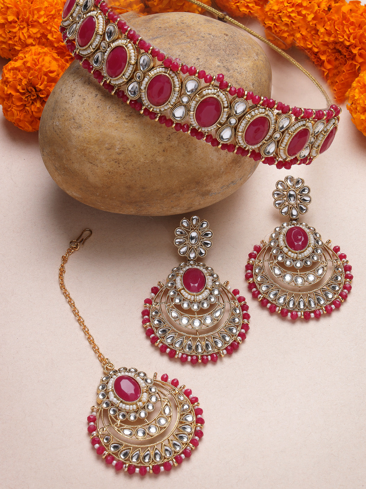 Sukkhi Indian Traditional Gold Plated Rani Pink Stone & Beads Choker Necklace Set With Earring And Maangtika | Jewellery Set For Women (NS105712)