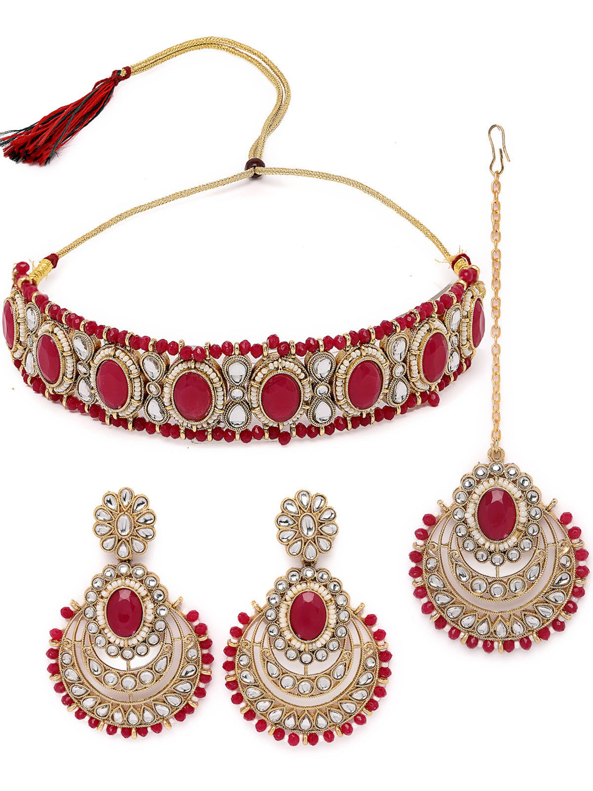 Sukkhi Indian Traditional Gold Plated Rani Pink Stone & Beads Choker Necklace Set With Earring And Maangtika | Jewellery Set For Women (NS105712)